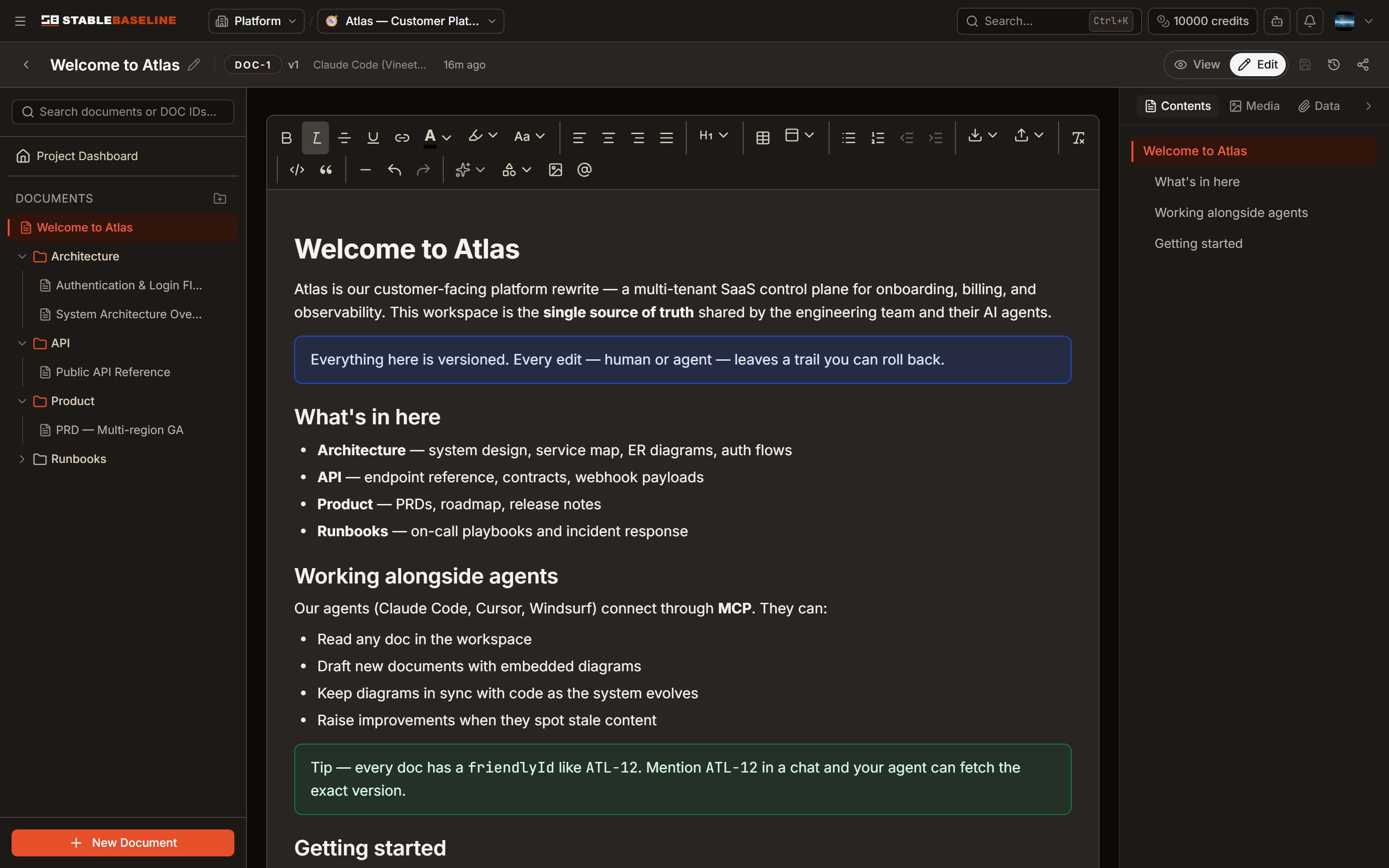 A rich document rendered in the editor, with headings, lists, and callouts