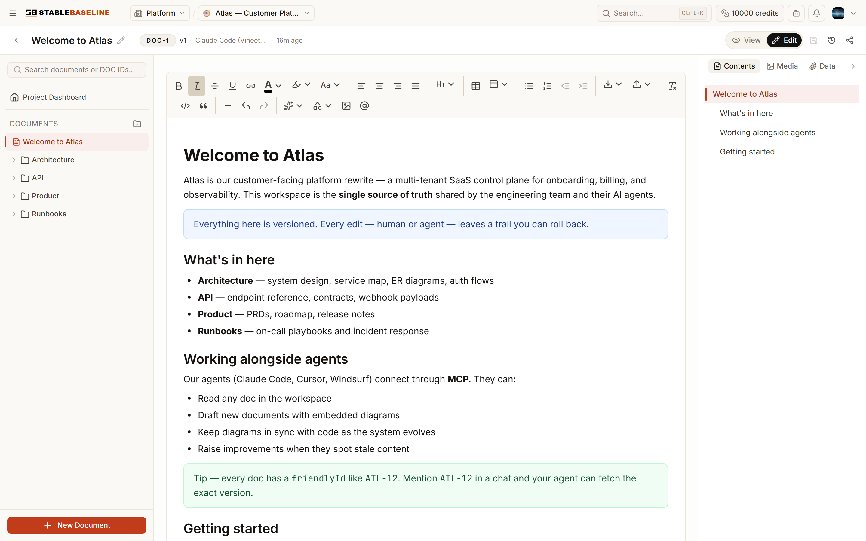 A rich document rendered in the editor, with headings, lists, and callouts