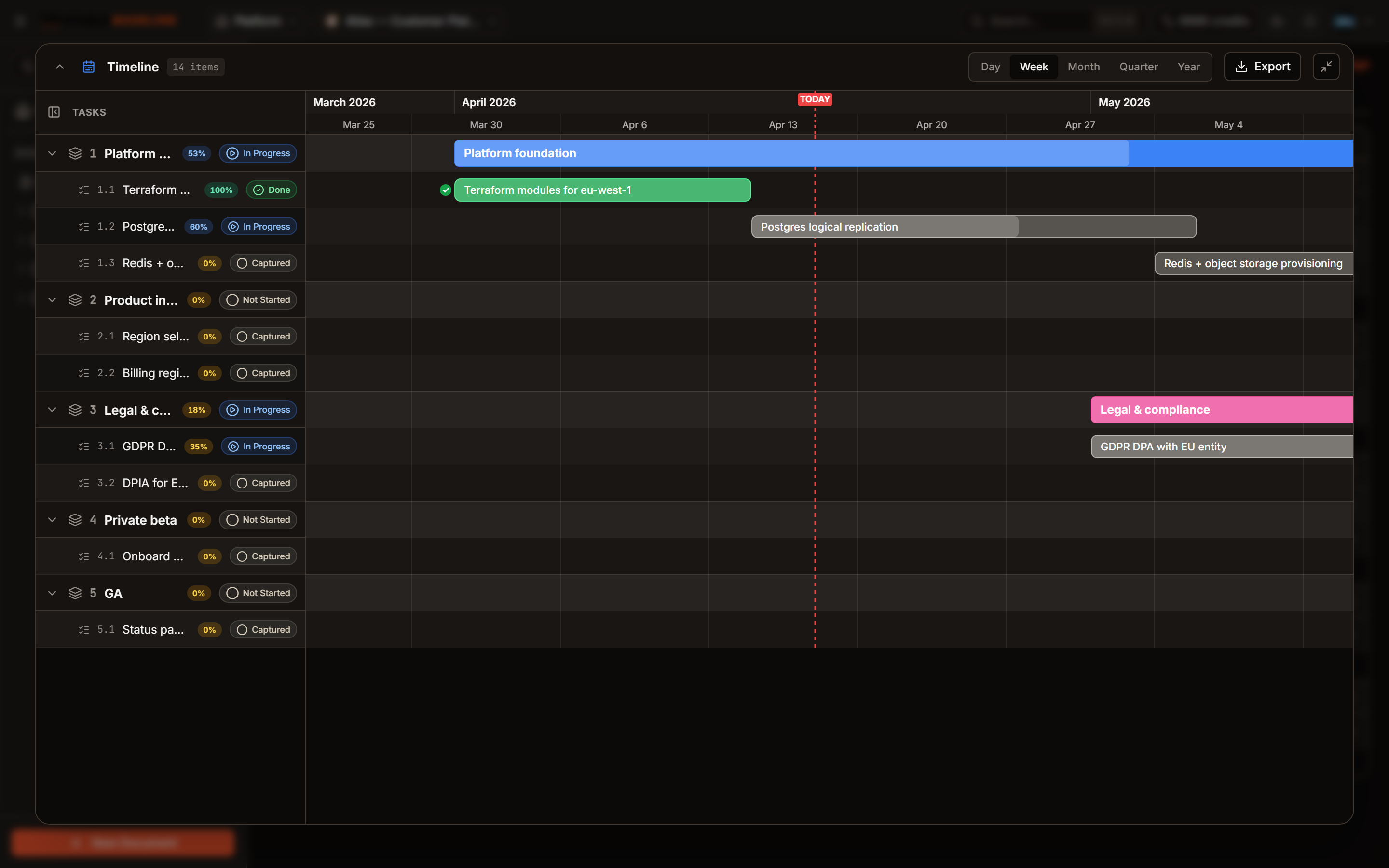 Plan timeline expanded to fullscreen showing all phases and tasks