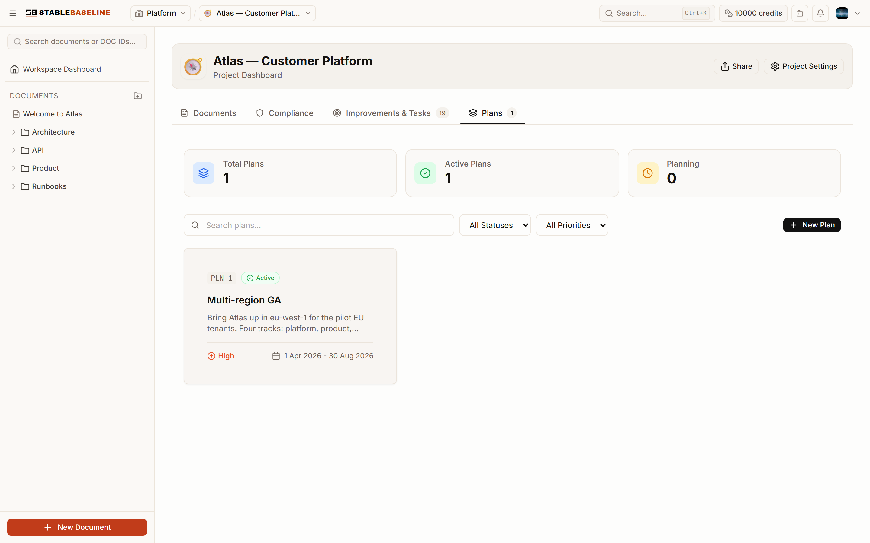 Plans tab listing active plans for a project