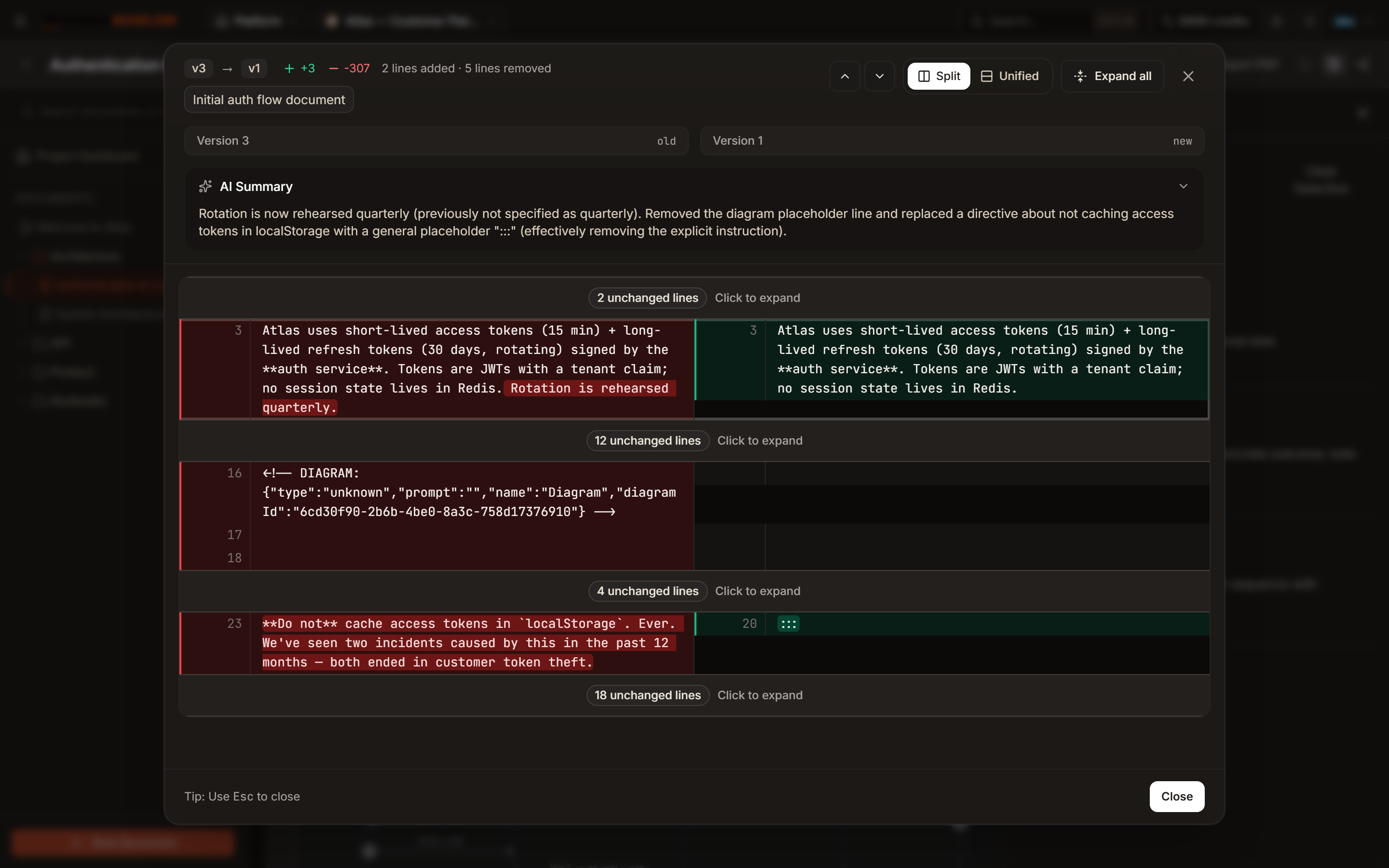 Version diff modal with AI summary at the top and side-by-side text diff below