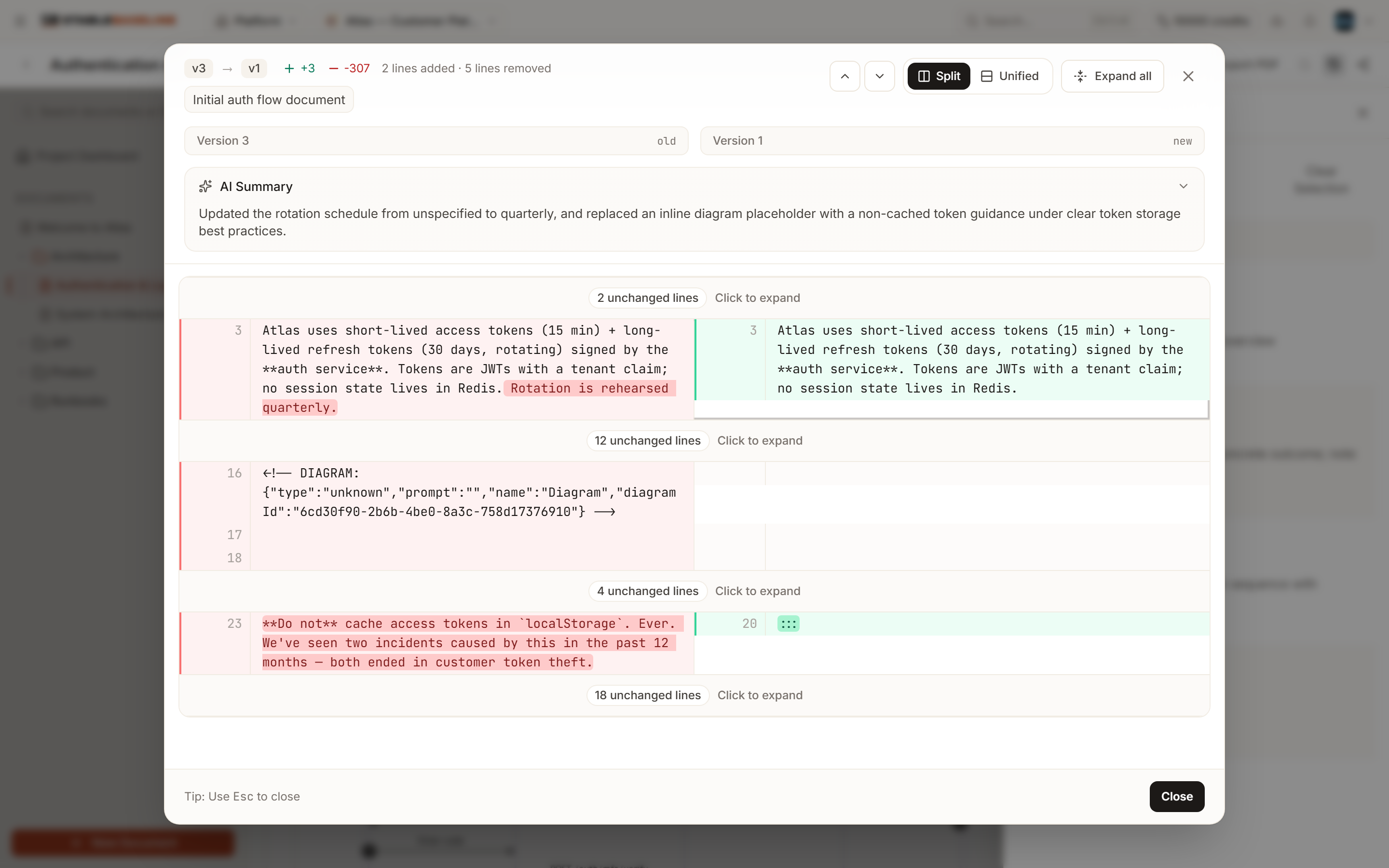 Version diff modal with AI summary at the top and side-by-side text diff below