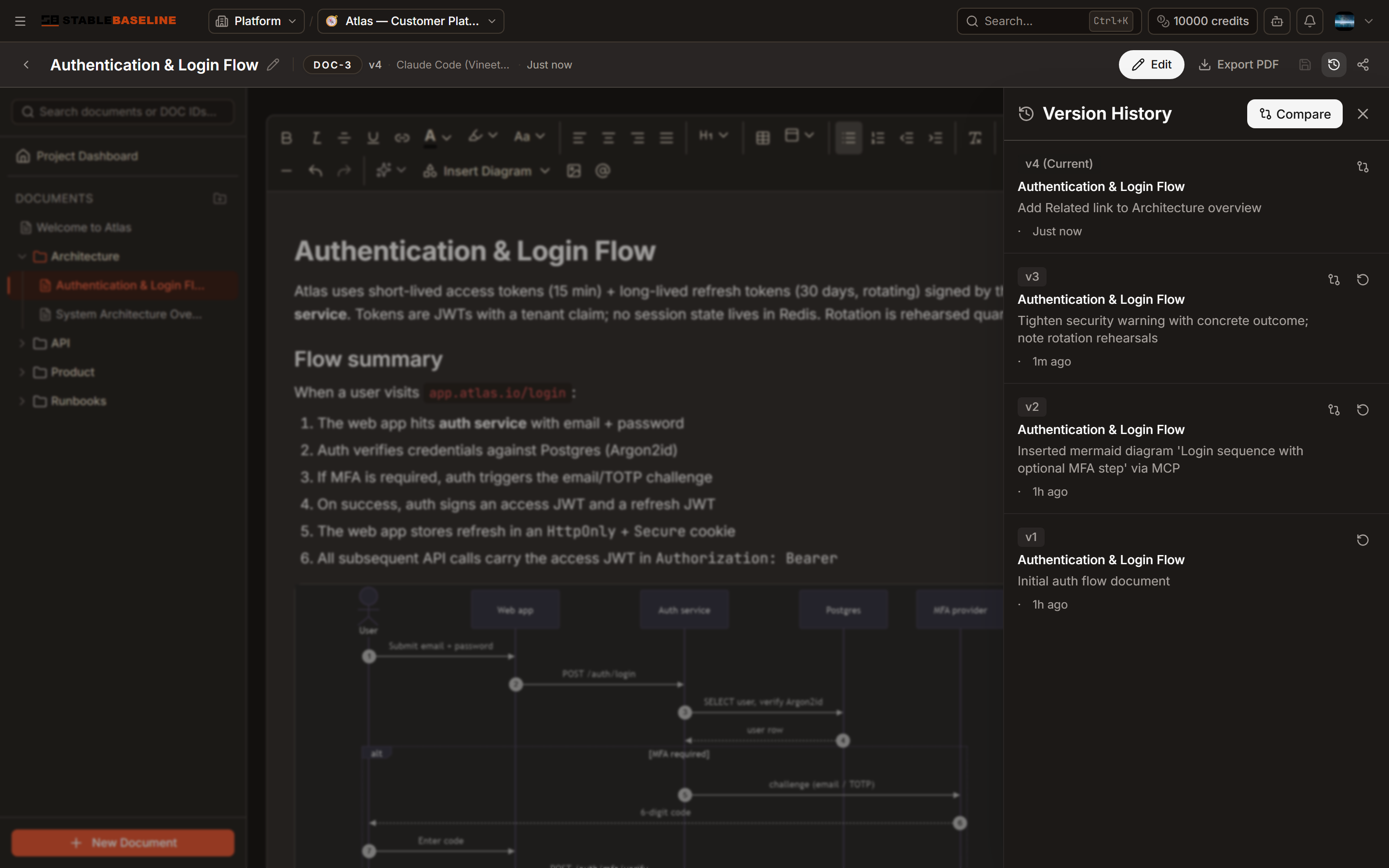 The version history slide-in panel listing versions with change summaries