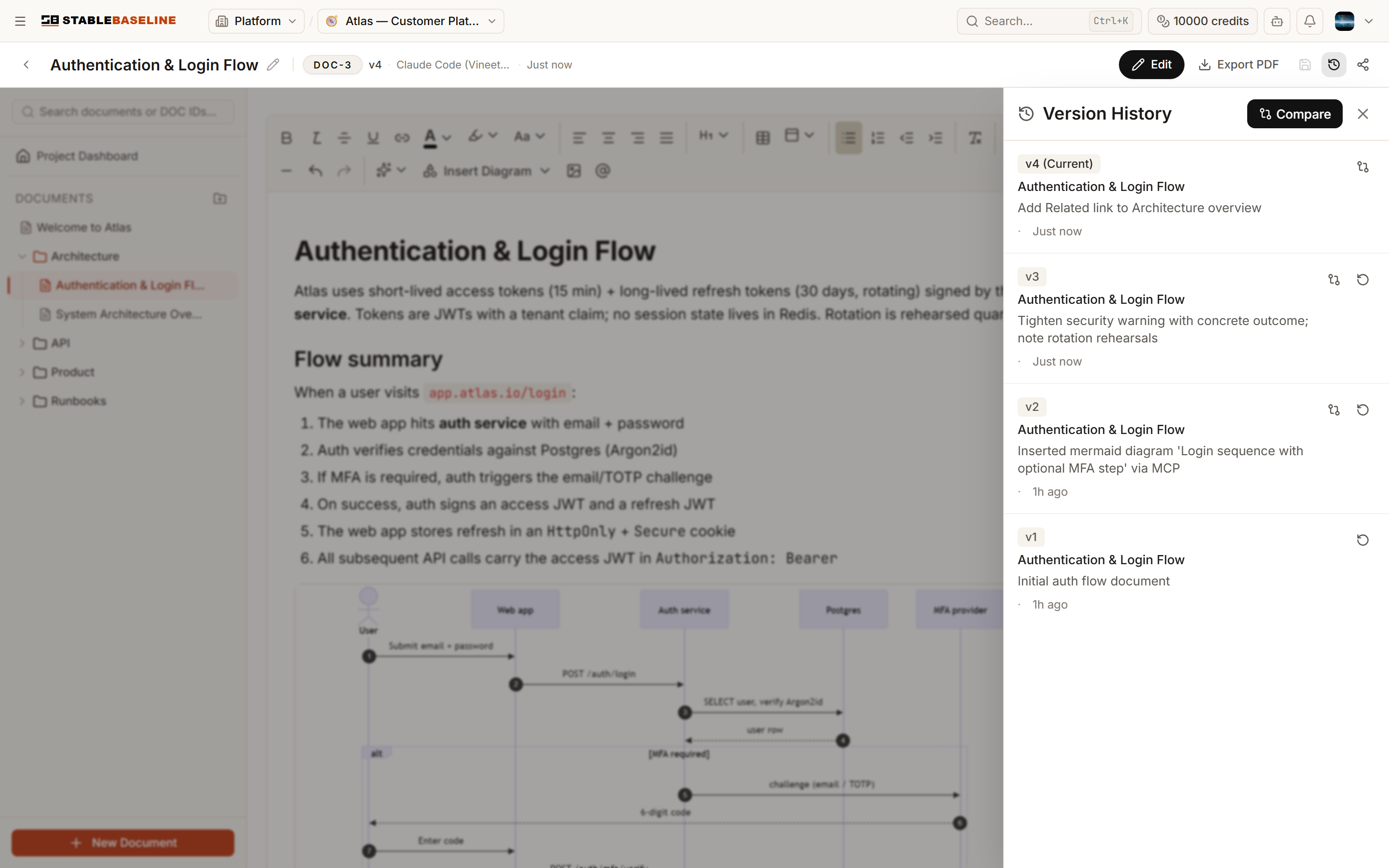 The version history slide-in panel listing versions with change summaries