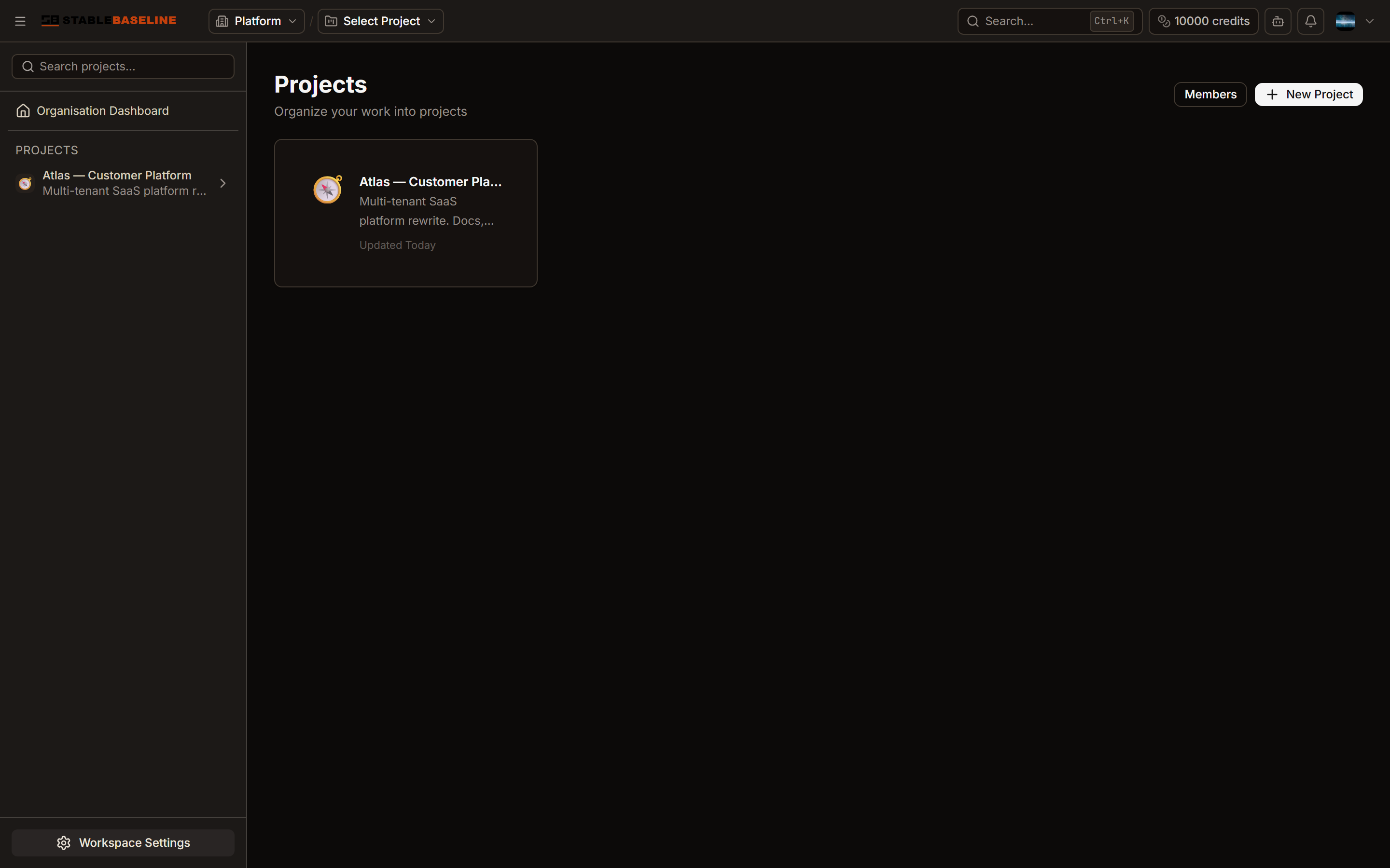 Workspace dashboard listing projects