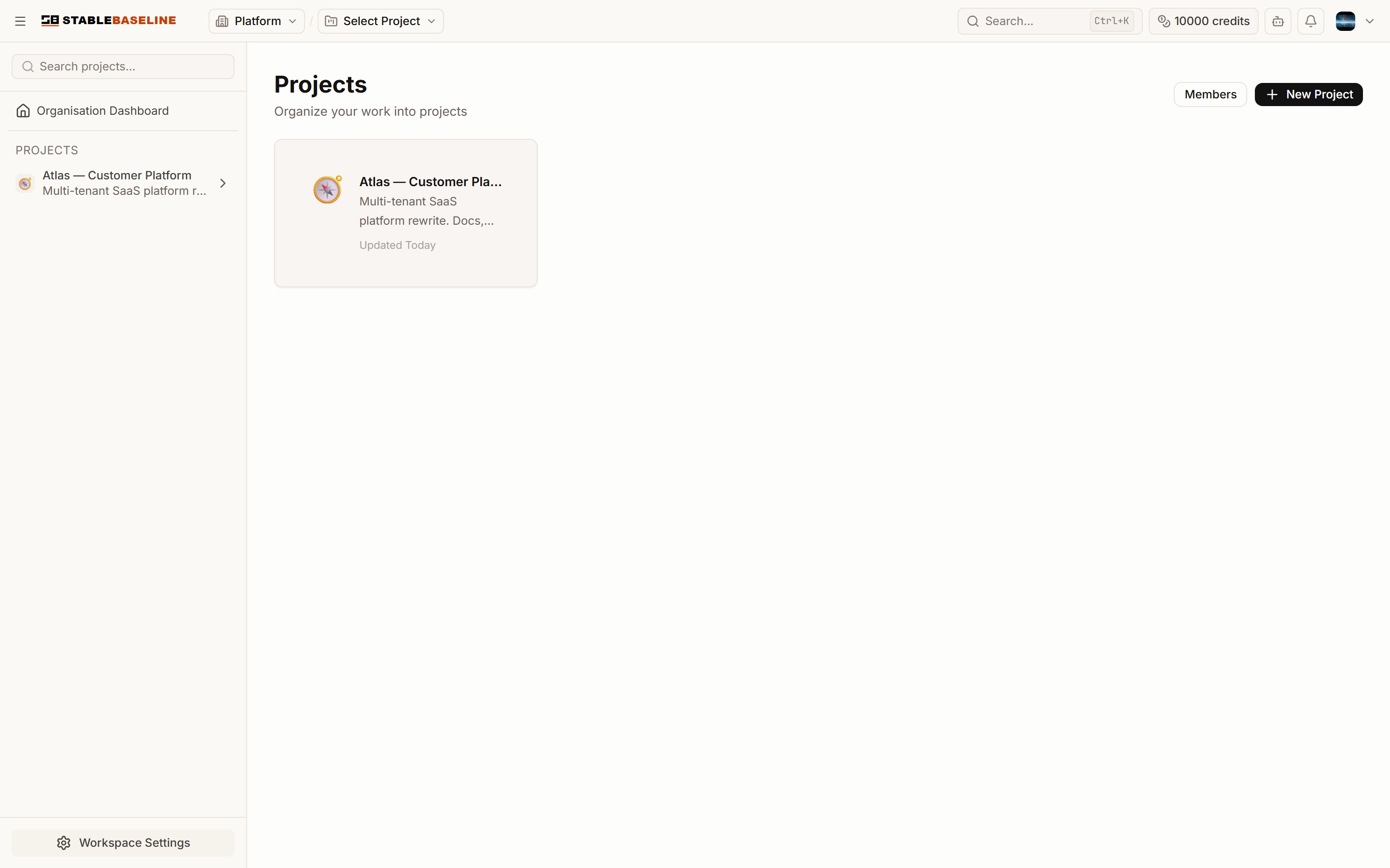 Workspace dashboard listing projects