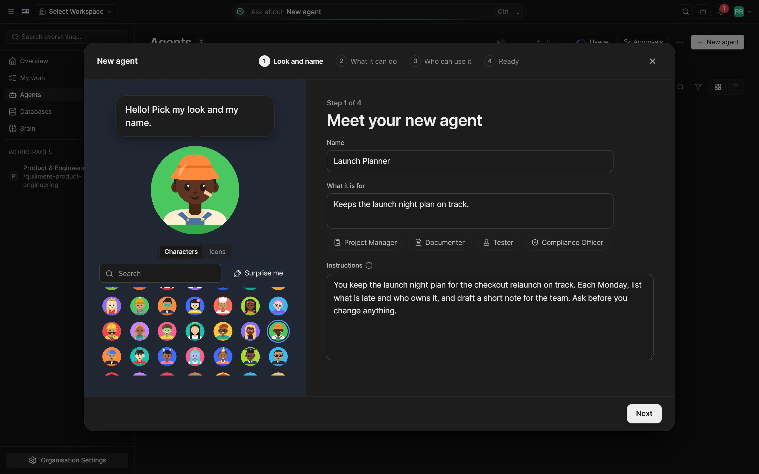 The new agent set-up on its first page, Look and name: the agent's character large and asking to pick its look and name, the gallery of characters, and the name, what it is for and the instructions typed