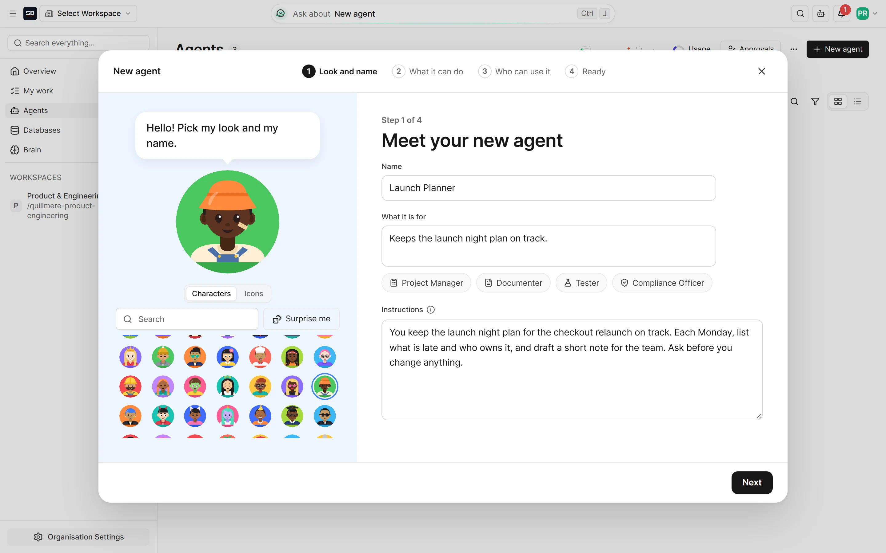 The new agent set-up on its first page, Look and name: the agent's character large and asking to pick its look and name, the gallery of characters, and the name, what it is for and the instructions typed