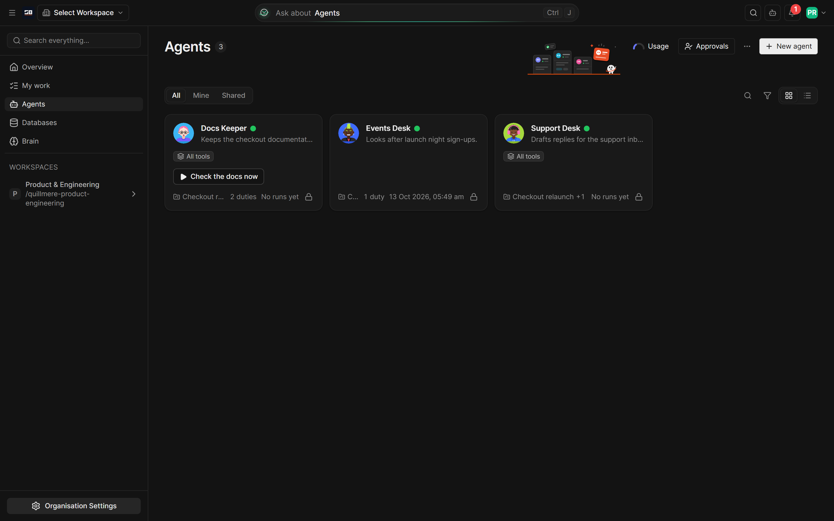 The Agents page with a card for each agent: its face, what it is for, its tools, where it works, its duties and last run, and a Check the docs now button on Docs Keeper's card