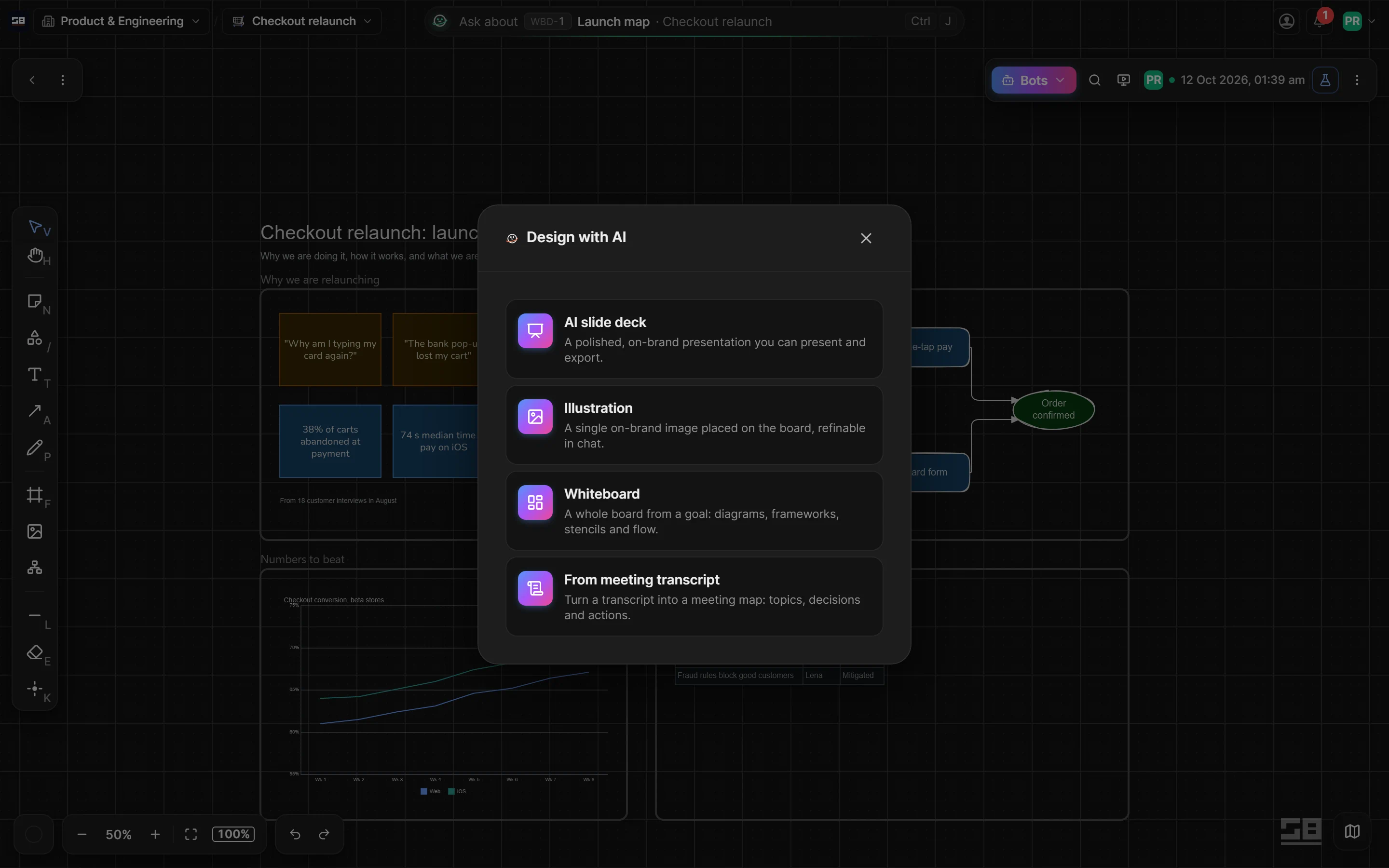 The design bot's choices on a whiteboard: an AI slide deck, an illustration, a whiteboard, or a board from a meeting transcript