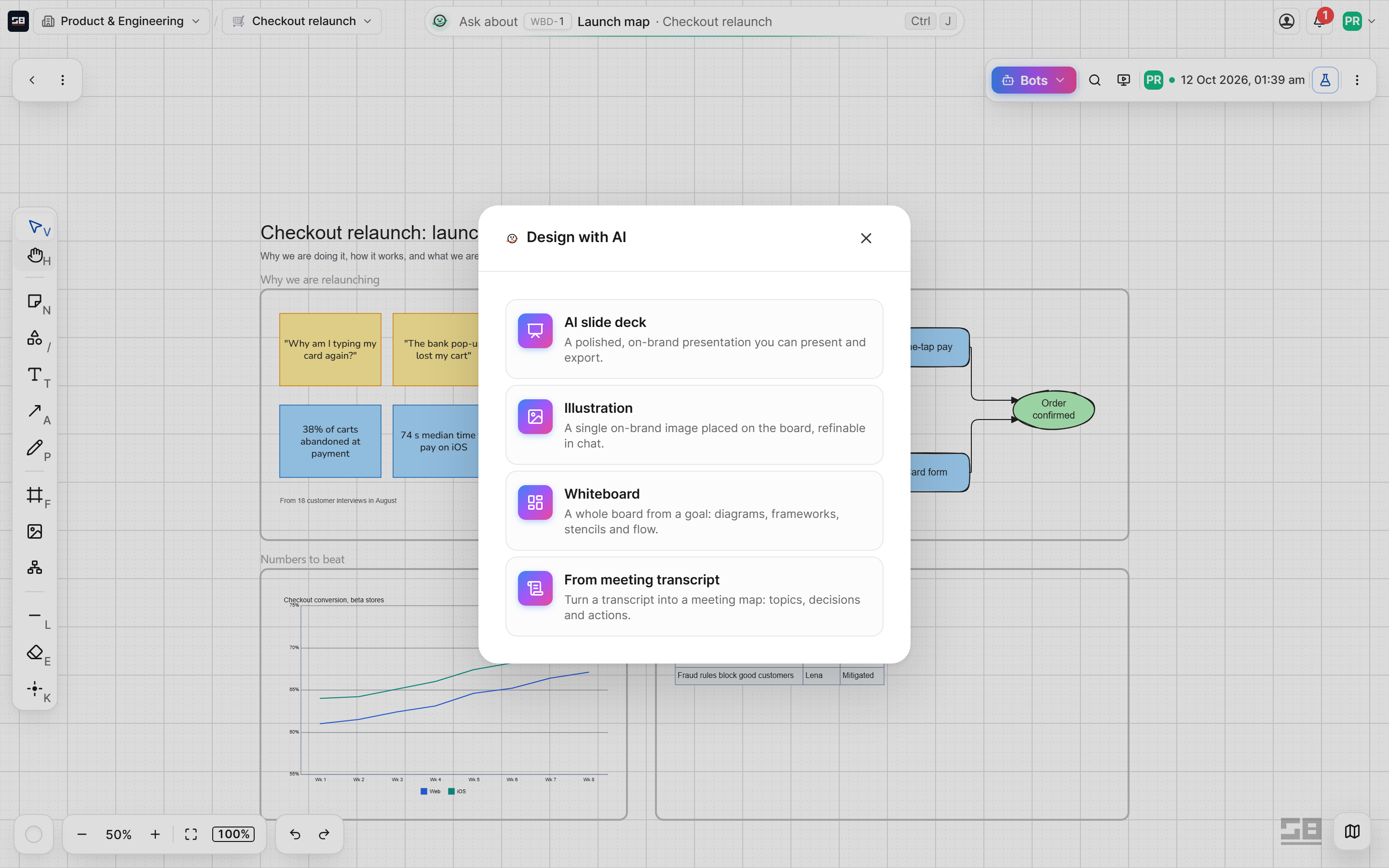 The design bot's choices on a whiteboard: an AI slide deck, an illustration, a whiteboard, or a board from a meeting transcript