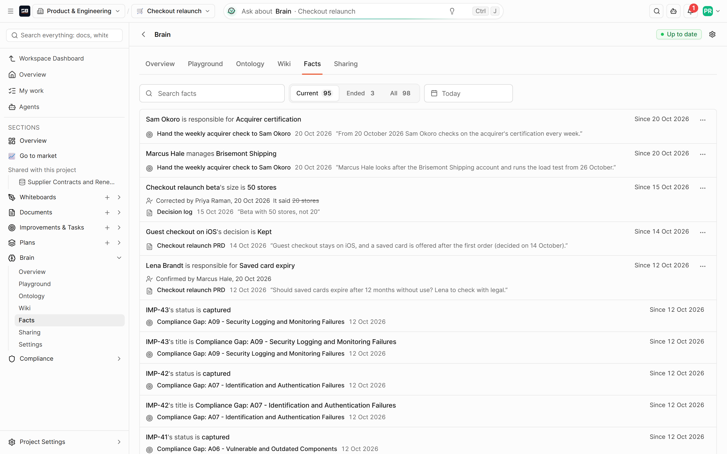 The Brain's Facts tab: the newest facts first, each with its days, its source and the words it came from, one corrected by Priya Raman and one confirmed by Marcus Hale