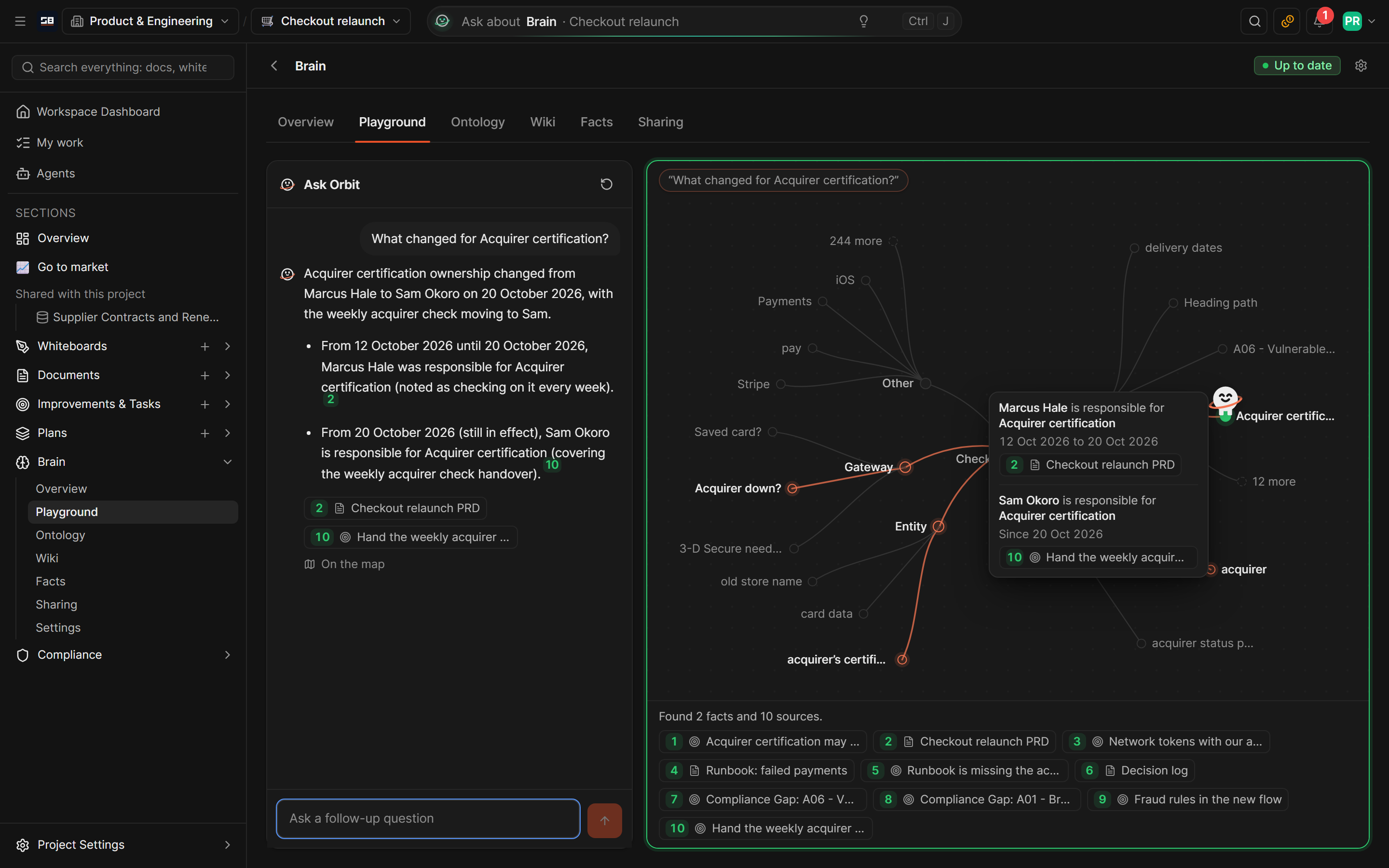 The Brain's Playground: Orbit's answer about what changed for Acquirer certification, with the two facts it found on the map beside it, each with its days and its source