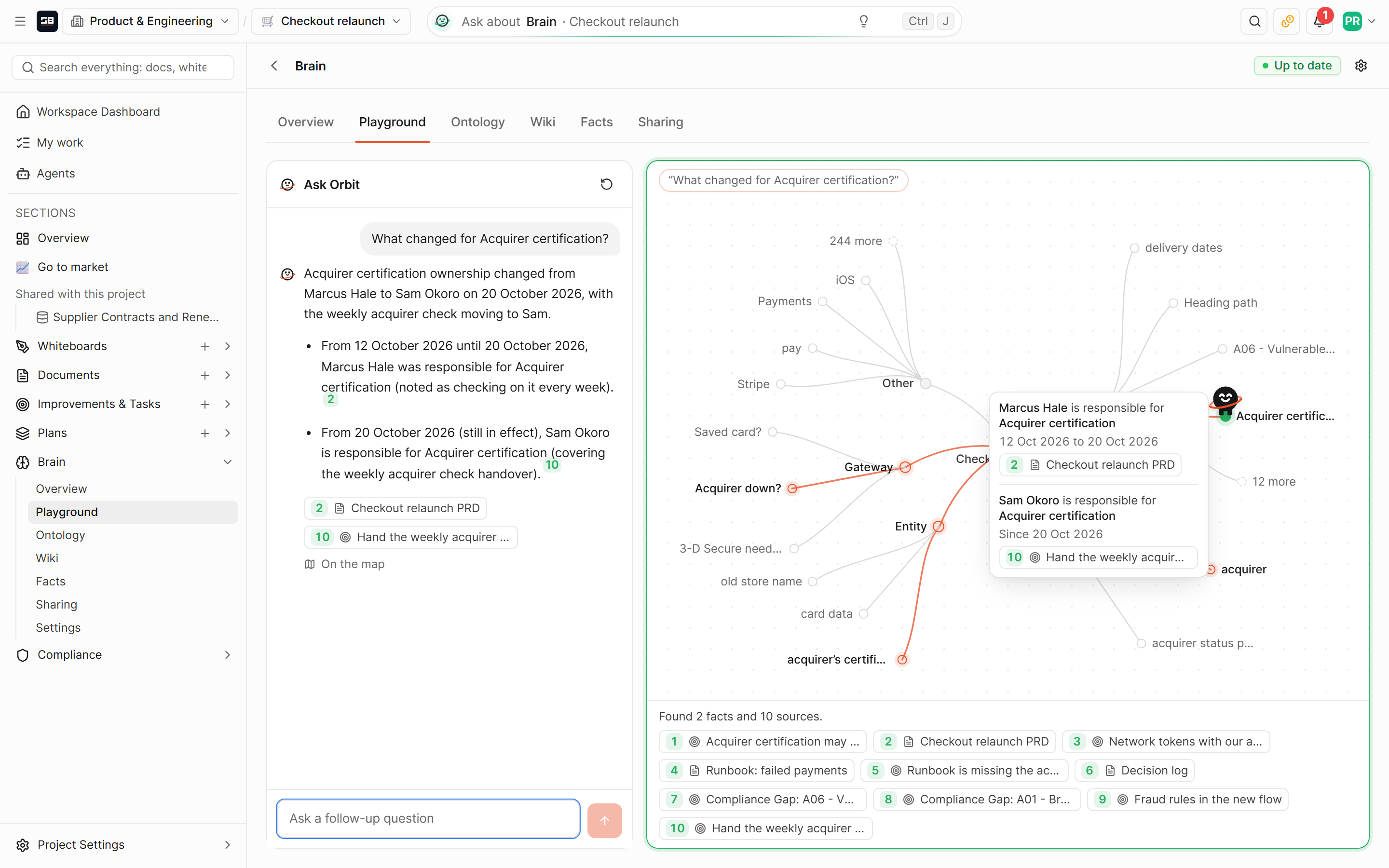 The Brain's Playground: Orbit's answer about what changed for Acquirer certification, with the two facts it found on the map beside it, each with its days and its source