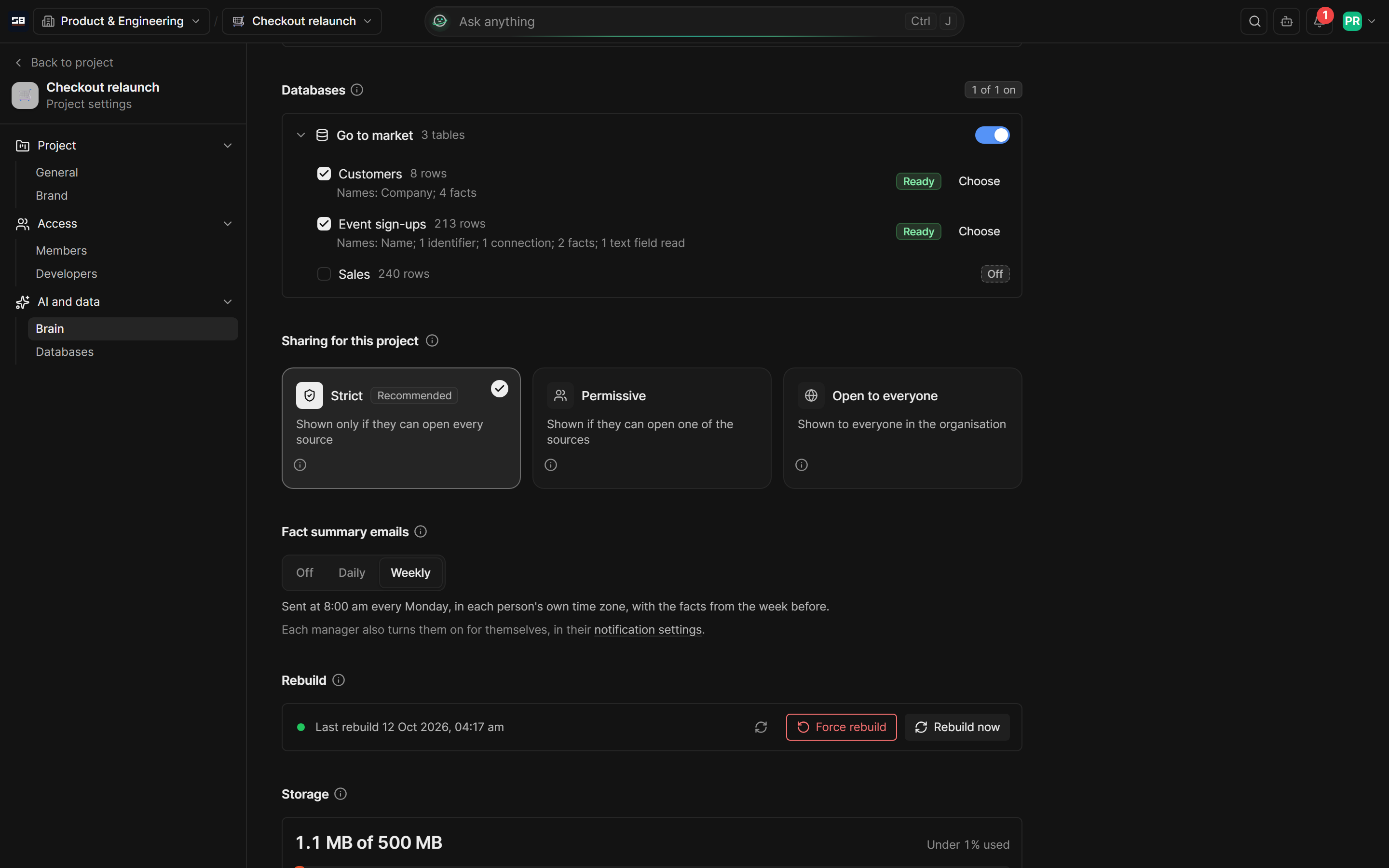 The project's Brain settings: the databases it reads, who sees what it knows, the fact summary emails set to Weekly, the rebuild and the storage
