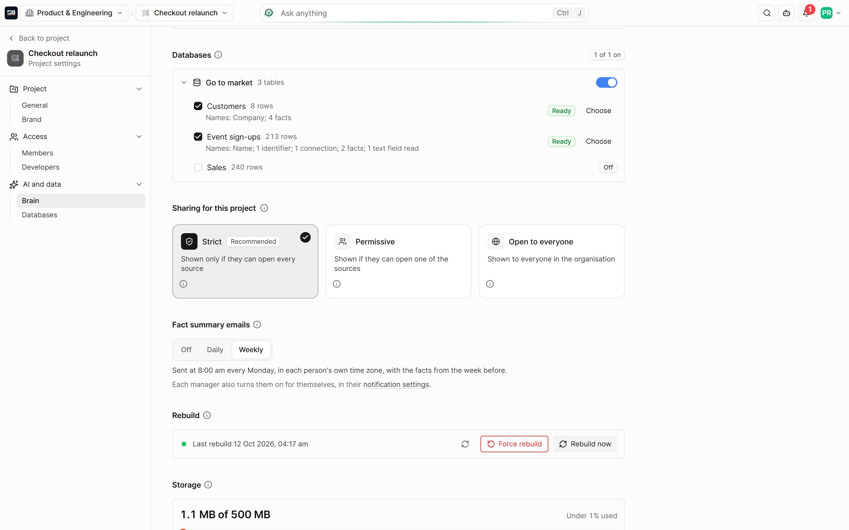 The project's Brain settings: the databases it reads, who sees what it knows, the fact summary emails set to Weekly, the rebuild and the storage