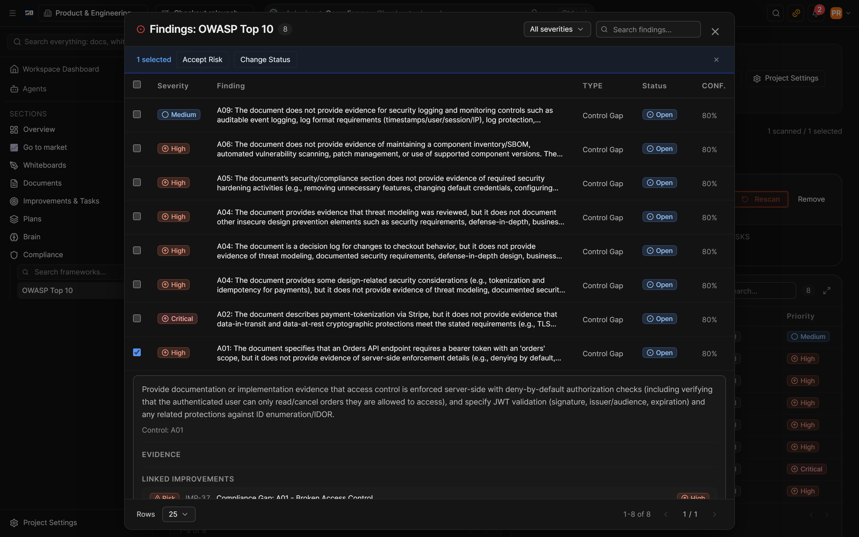 A finding opened from a scan: what to add, the control it fails, the risk it raised in the register, and the actions to accept the risk or change its status