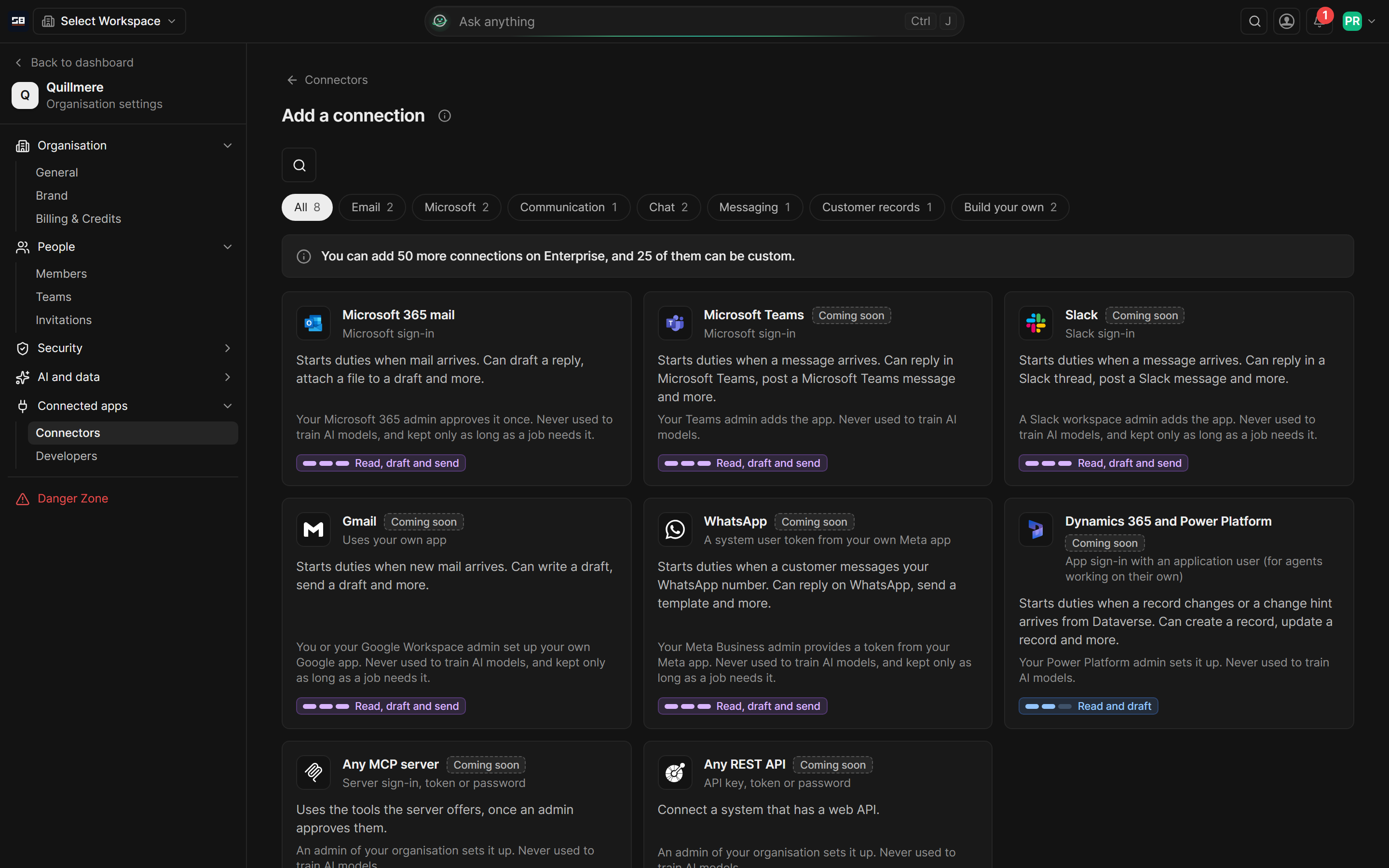 The catalogue of connectors when adding a connection, each card saying when it starts duties and what it can do: Microsoft 365 mail ready to connect, and Microsoft Teams, Slack and the other apps marked Coming soon