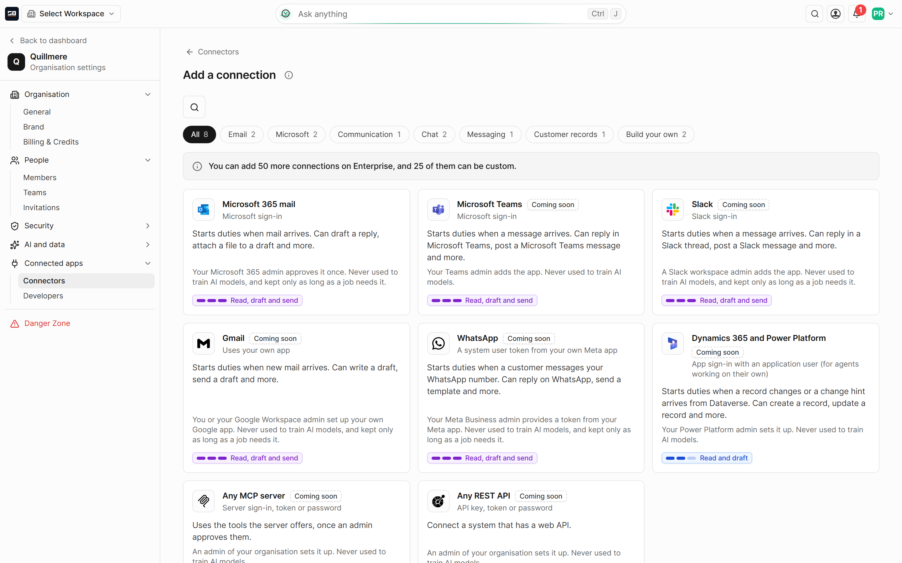 The catalogue of connectors when adding a connection, each card saying when it starts duties and what it can do: Microsoft 365 mail ready to connect, and Microsoft Teams, Slack and the other apps marked Coming soon
