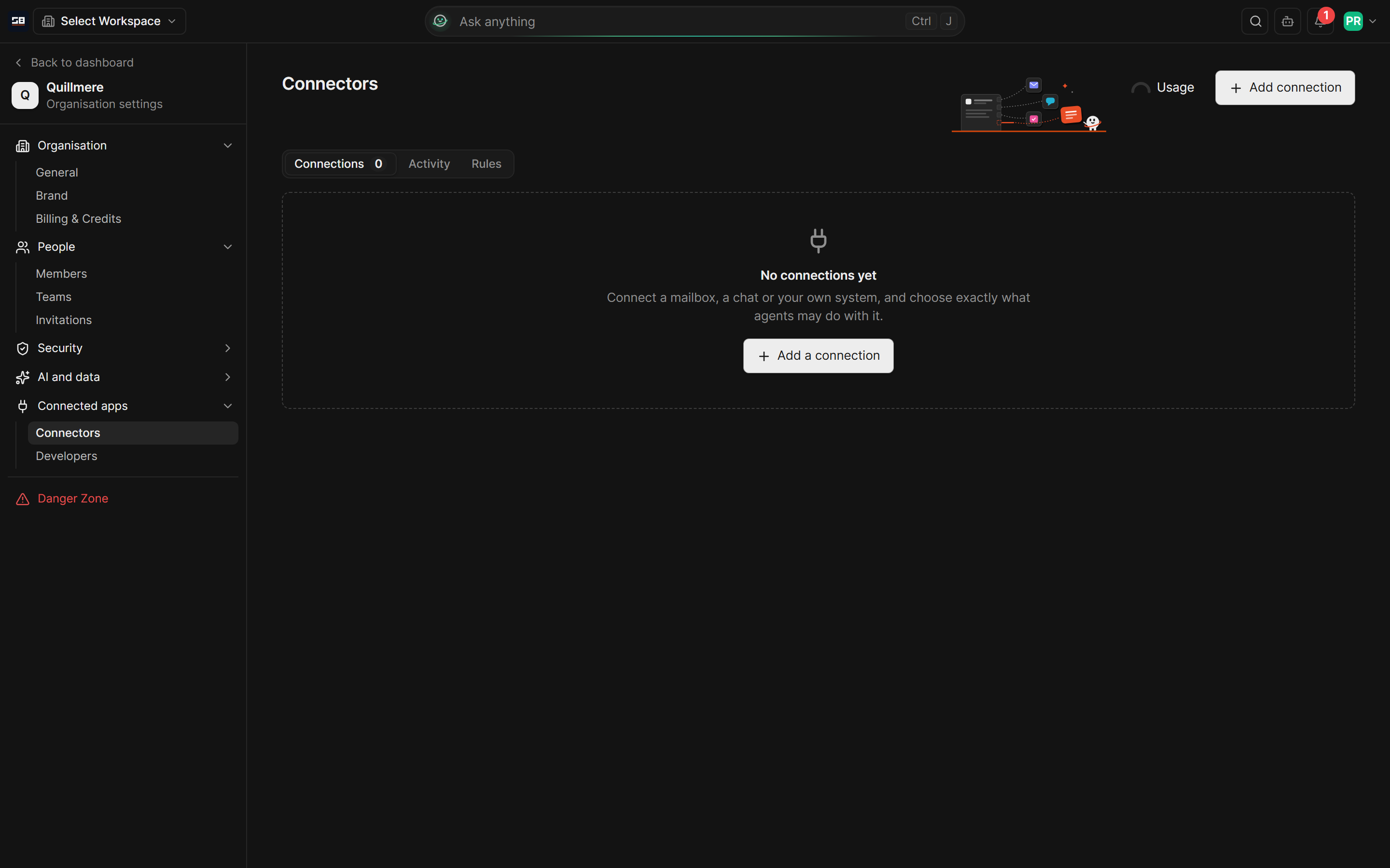 The Connectors page in organisation settings before anything is connected, with its Connections, Activity and Rules tabs and the button to add a connection