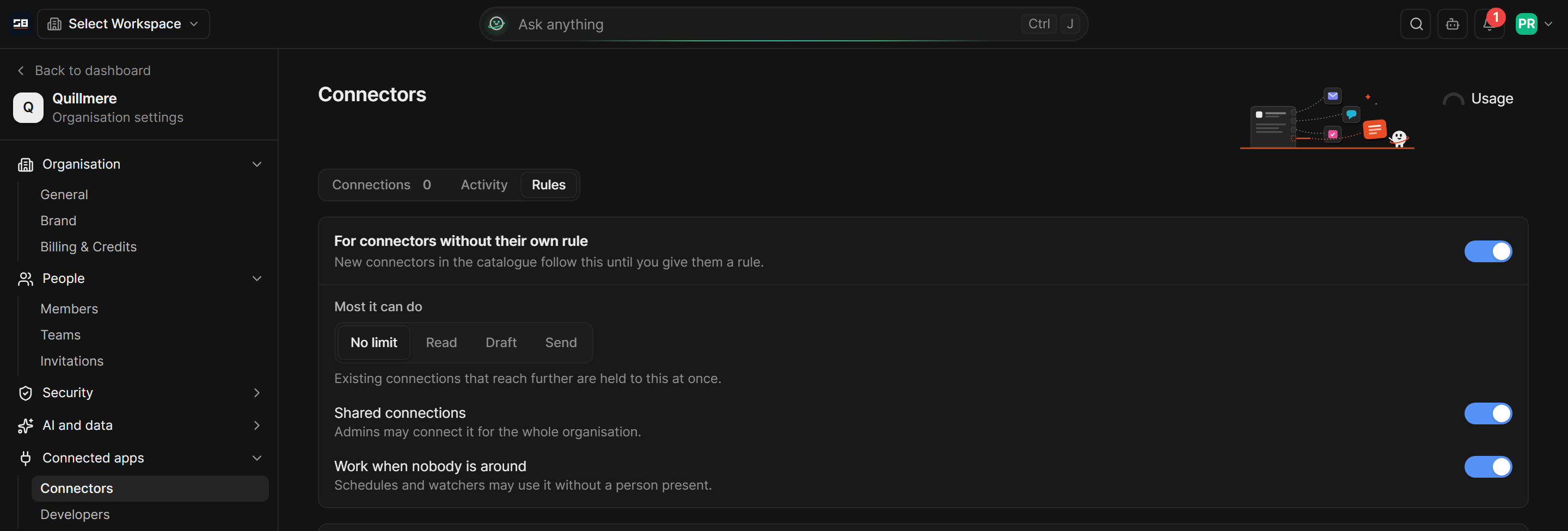 The Rules tab of Connectors, with the rule every connection follows by default: the most it can do, shared connections, and working when nobody is around