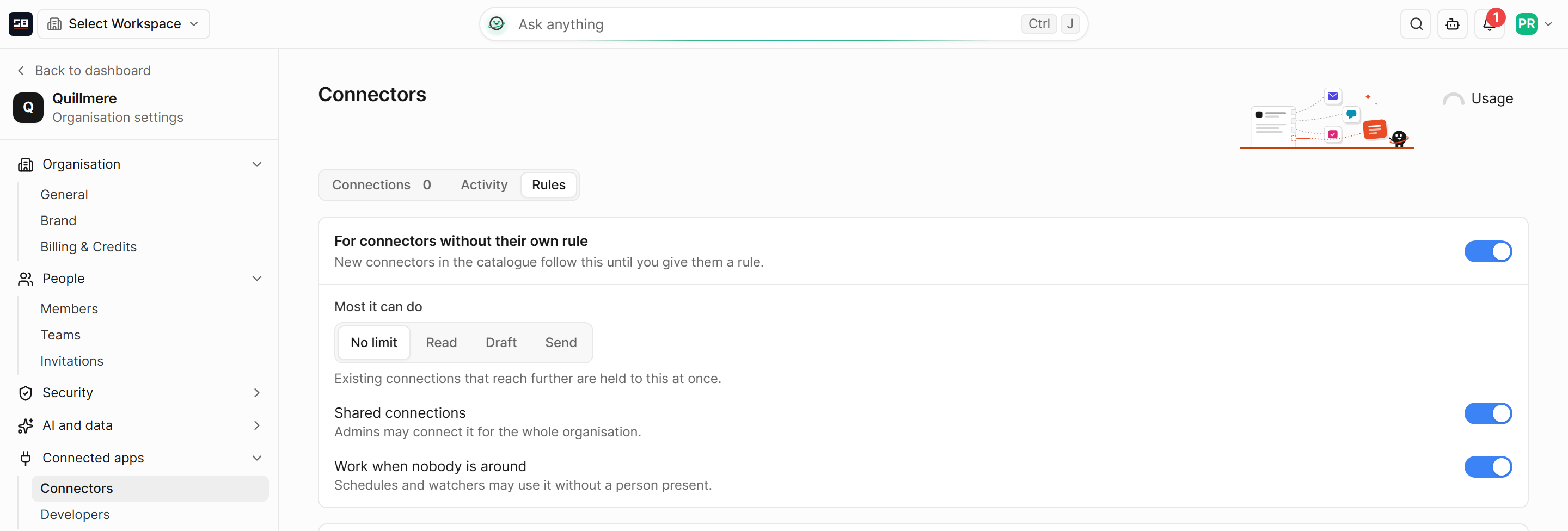 The Rules tab of Connectors, with the rule every connection follows by default: the most it can do, shared connections, and working when nobody is around