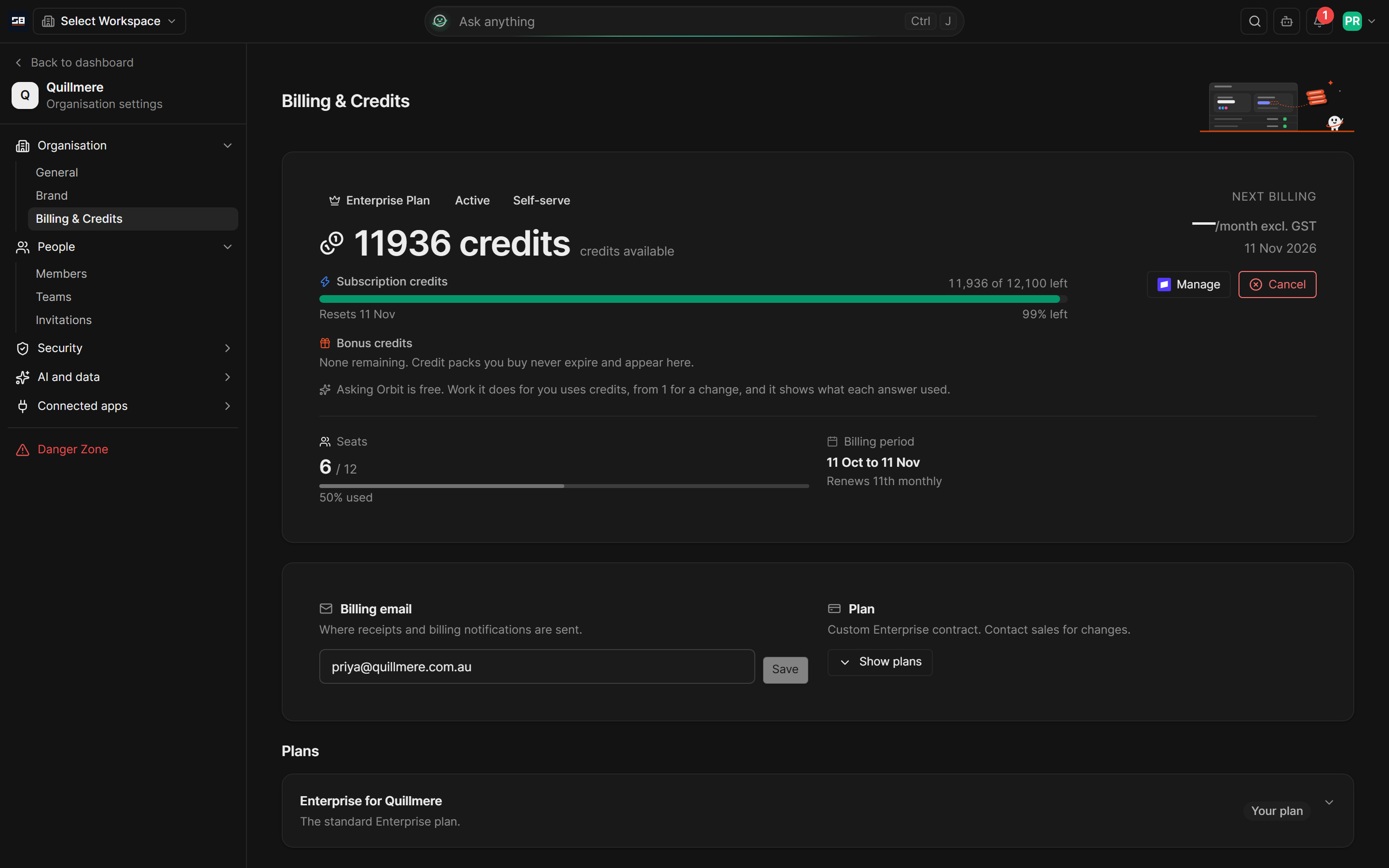 The Billing and Credits page with the credits available, the plan's allowance and when it resets, and the seats in use