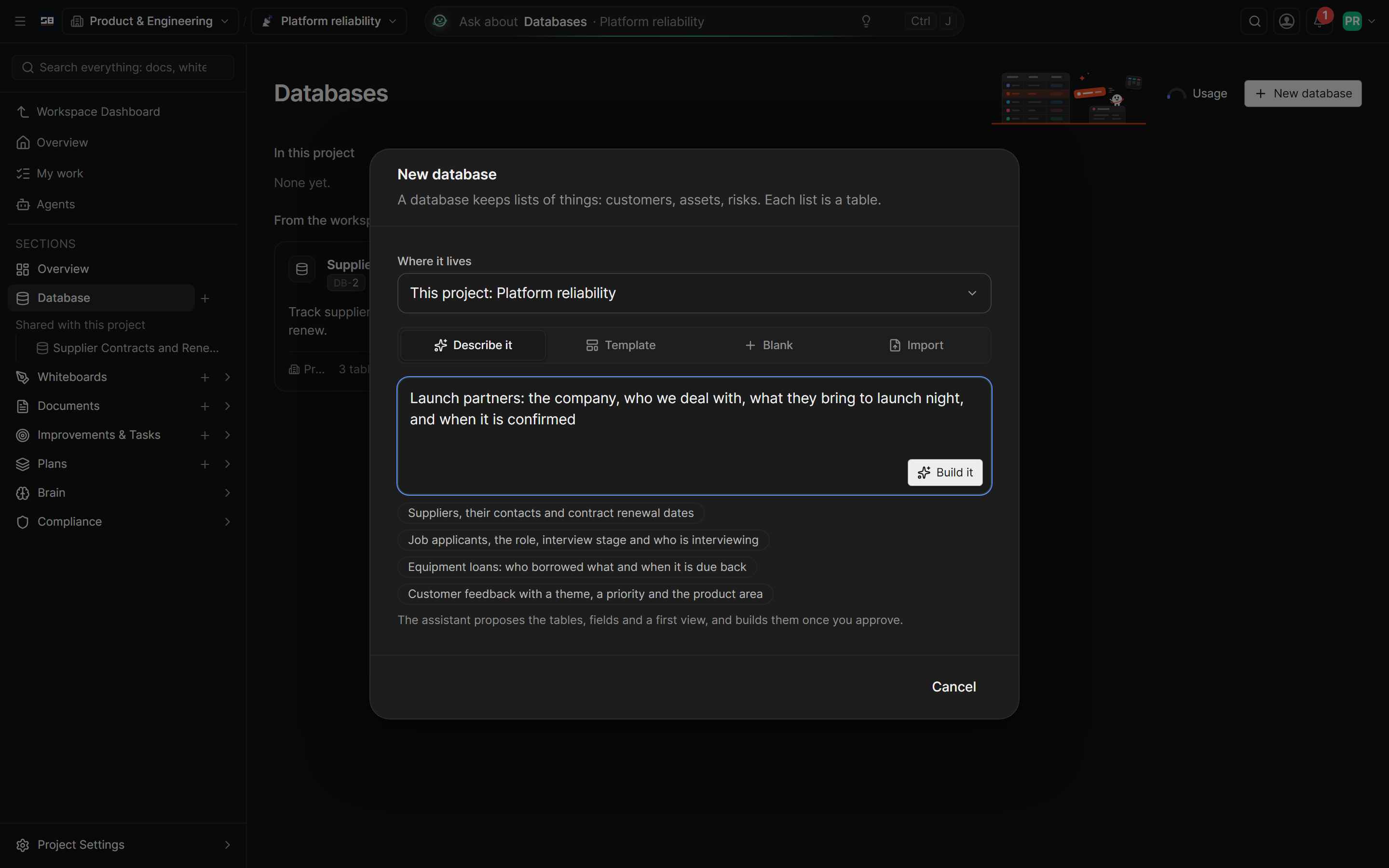 The New database dialog in a project: where the database lives, four ways to start (describe it, a template, blank or import), and a description typed for the AI to build