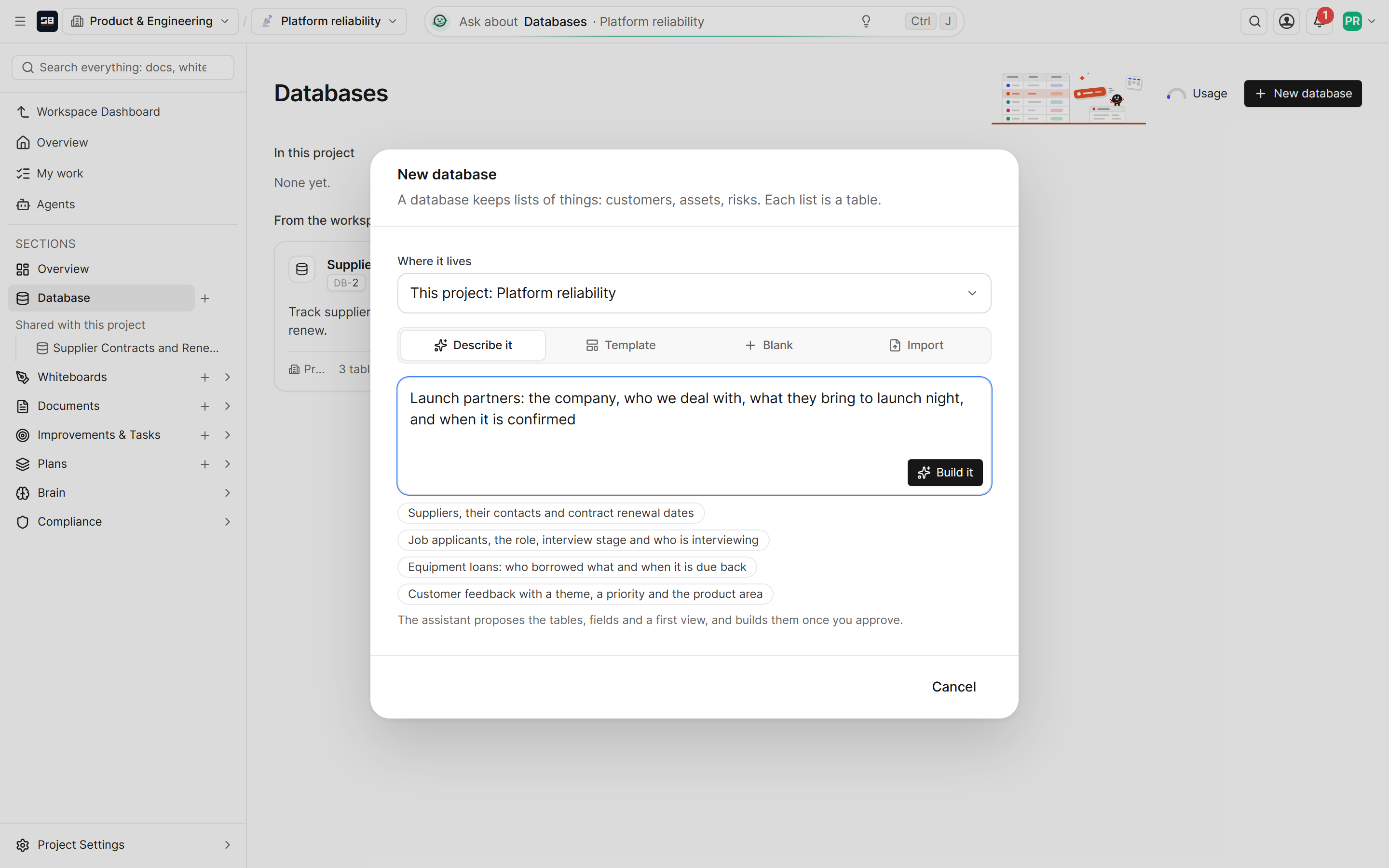 The New database dialog in a project: where the database lives, four ways to start (describe it, a template, blank or import), and a description typed for the AI to build