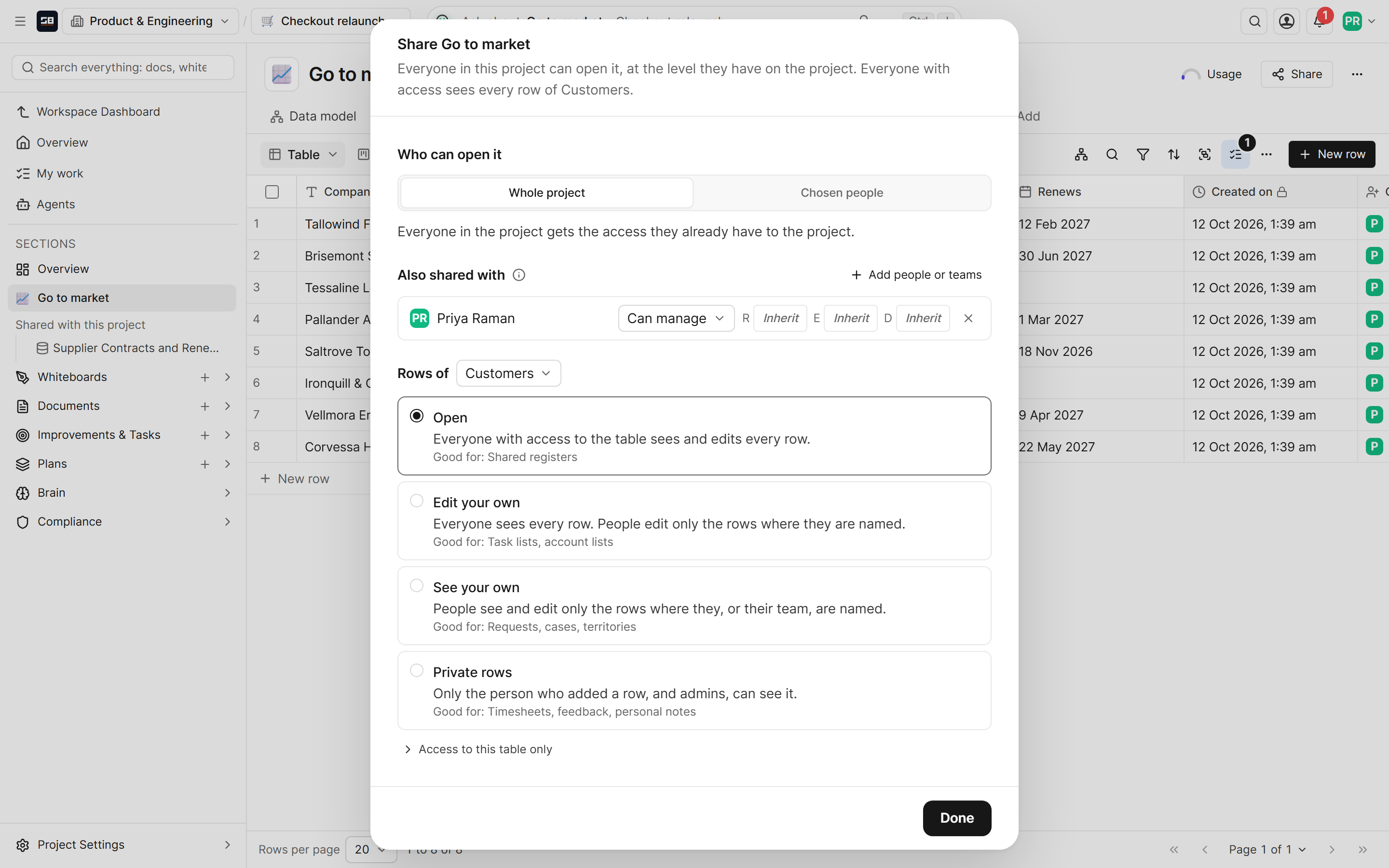 The Share dialog for a database, choosing the whole project or chosen people, with levels for each