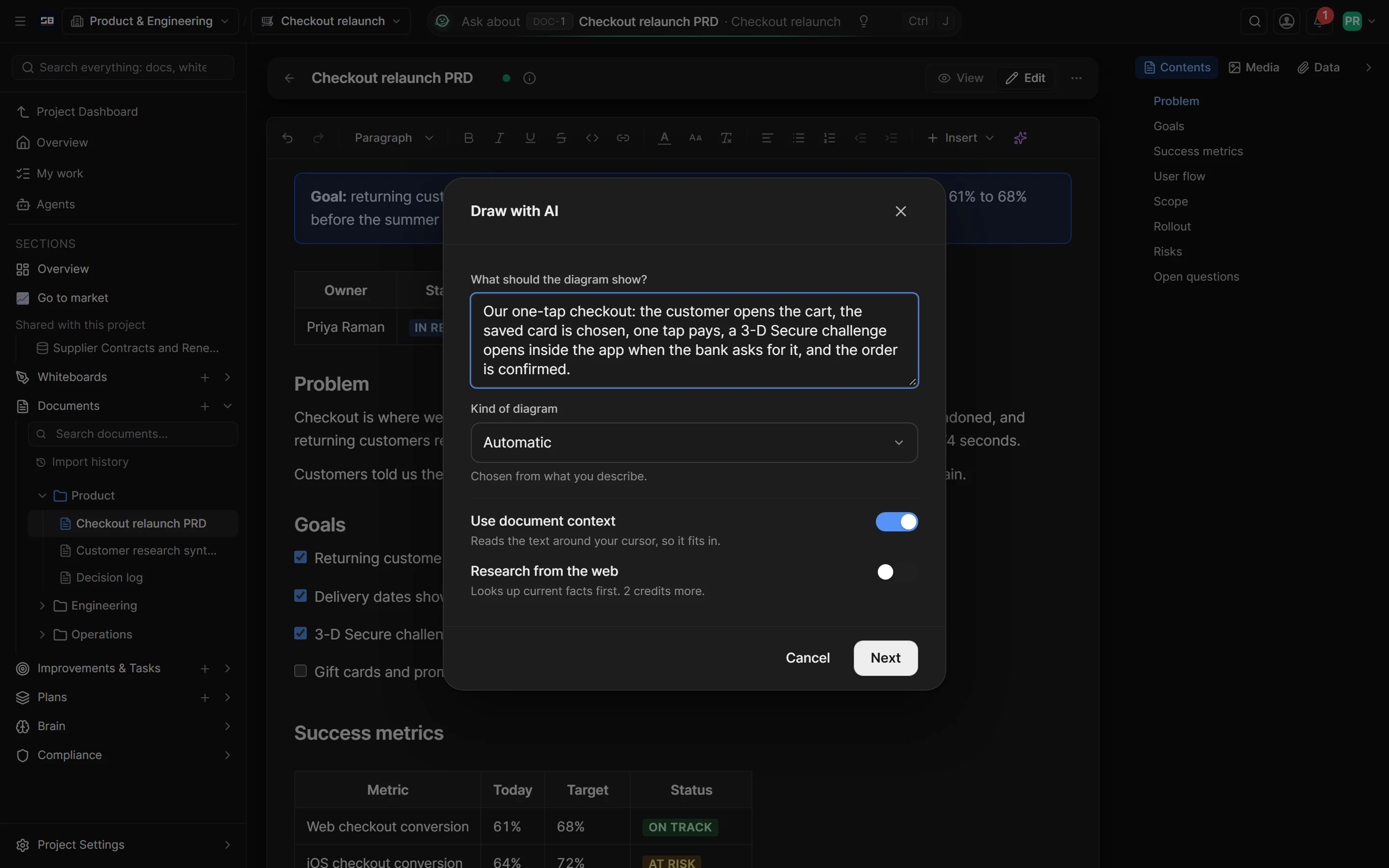 The Draw with AI dialog, with a plain description of a checkout flow and the choice of diagram type