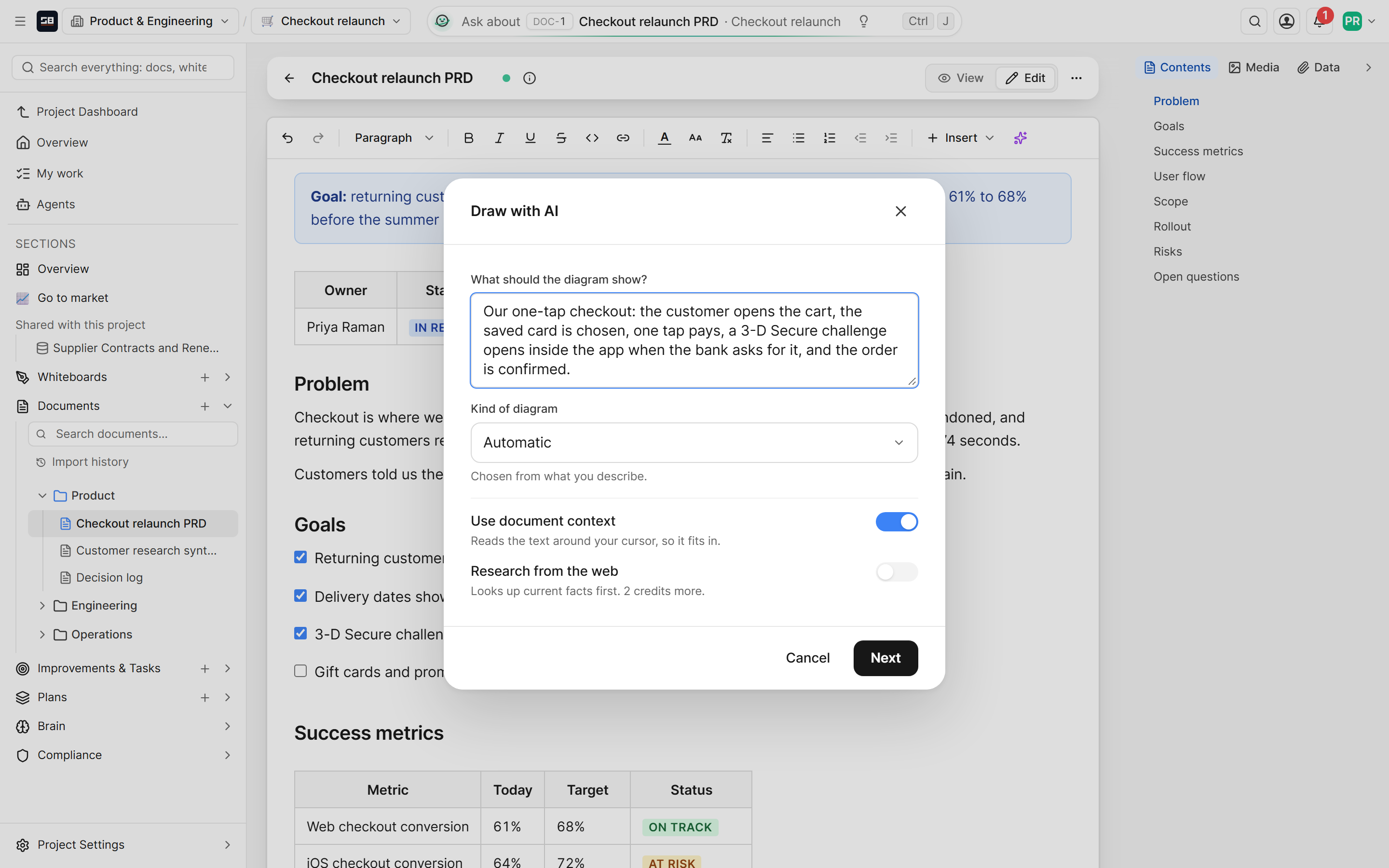 The Draw with AI dialog, with a plain description of a checkout flow and the choice of diagram type