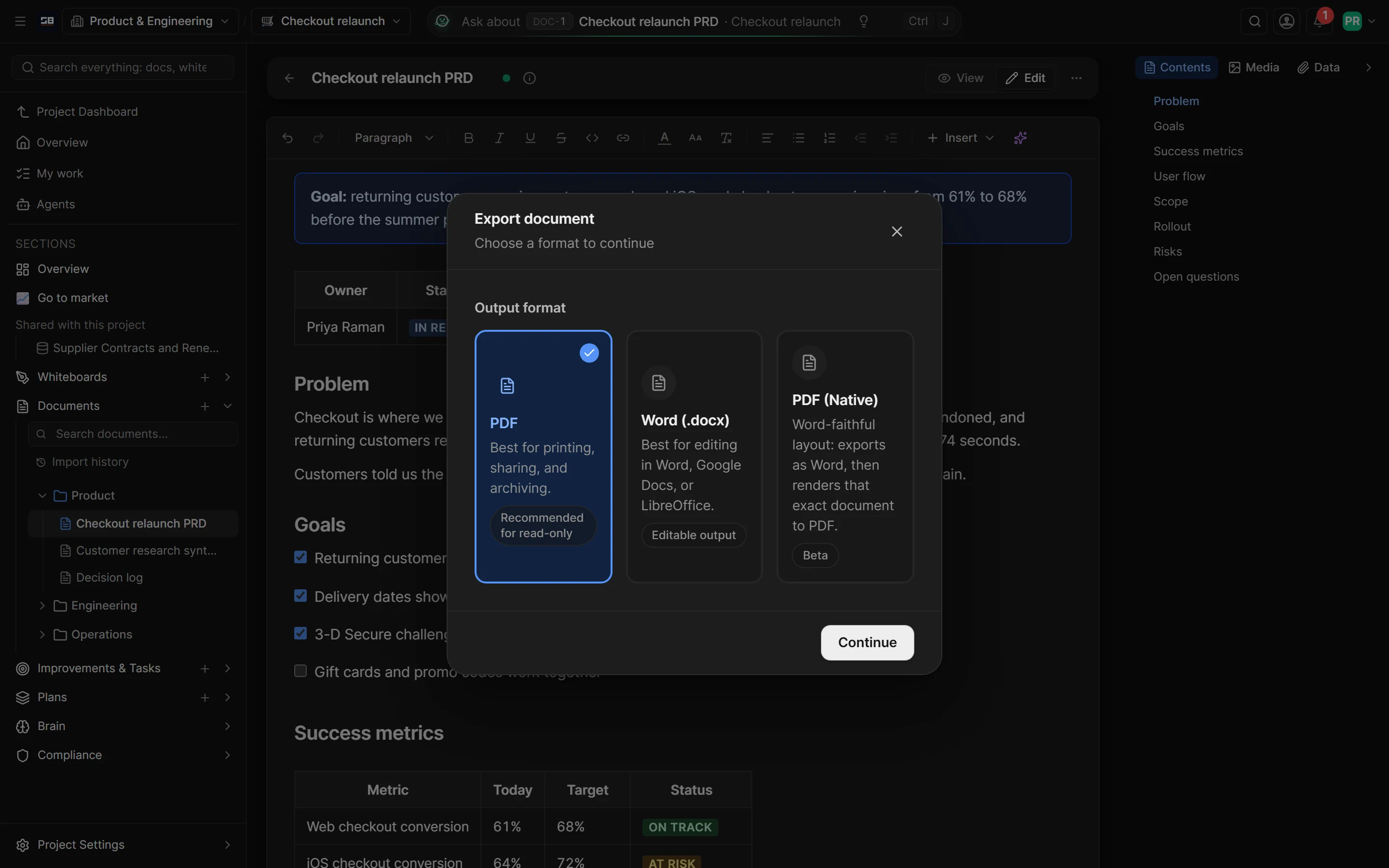 The Export document dialog: choose PDF, Word or a native PDF, then Continue