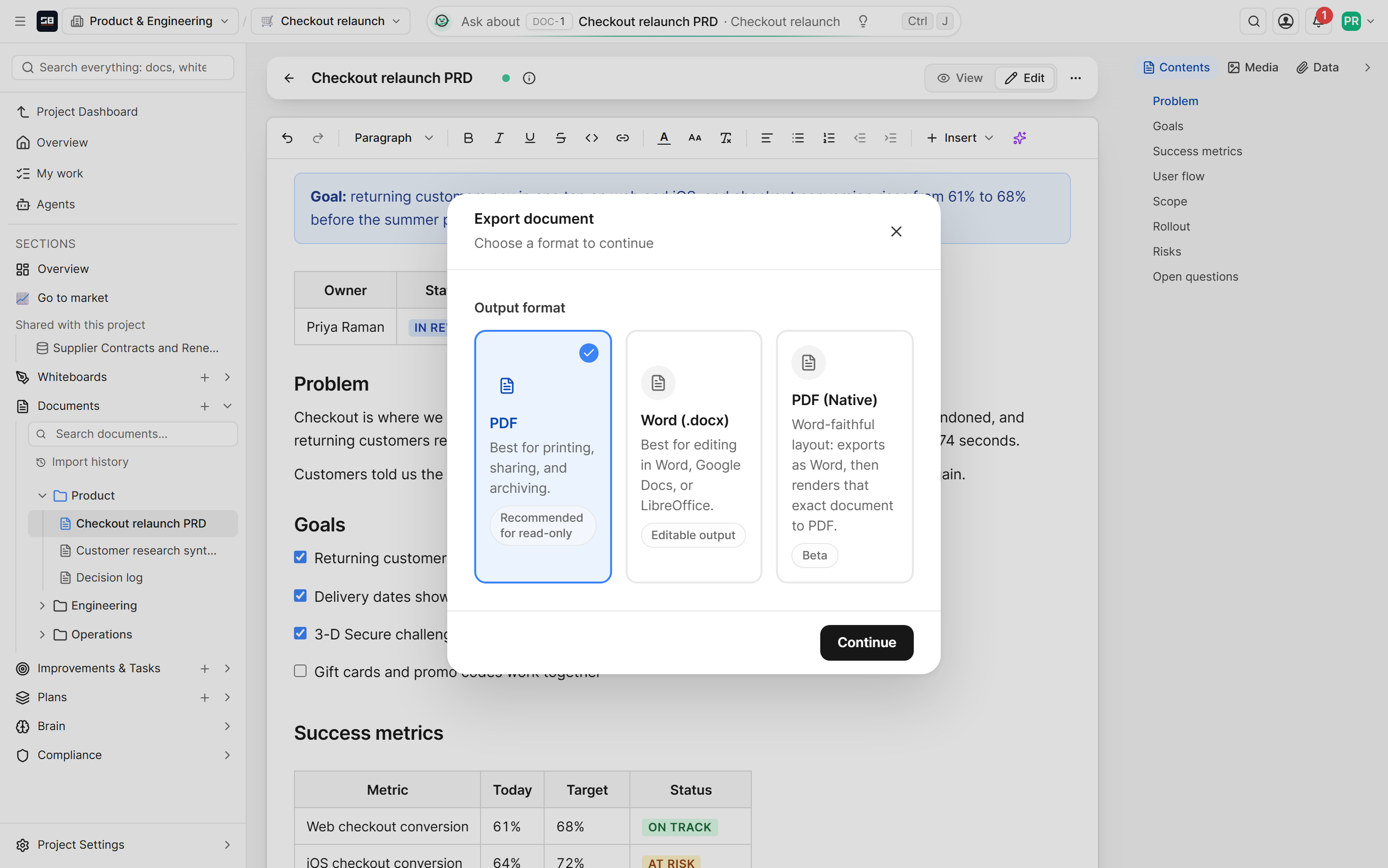 The Export document dialog: choose PDF, Word or a native PDF, then Continue