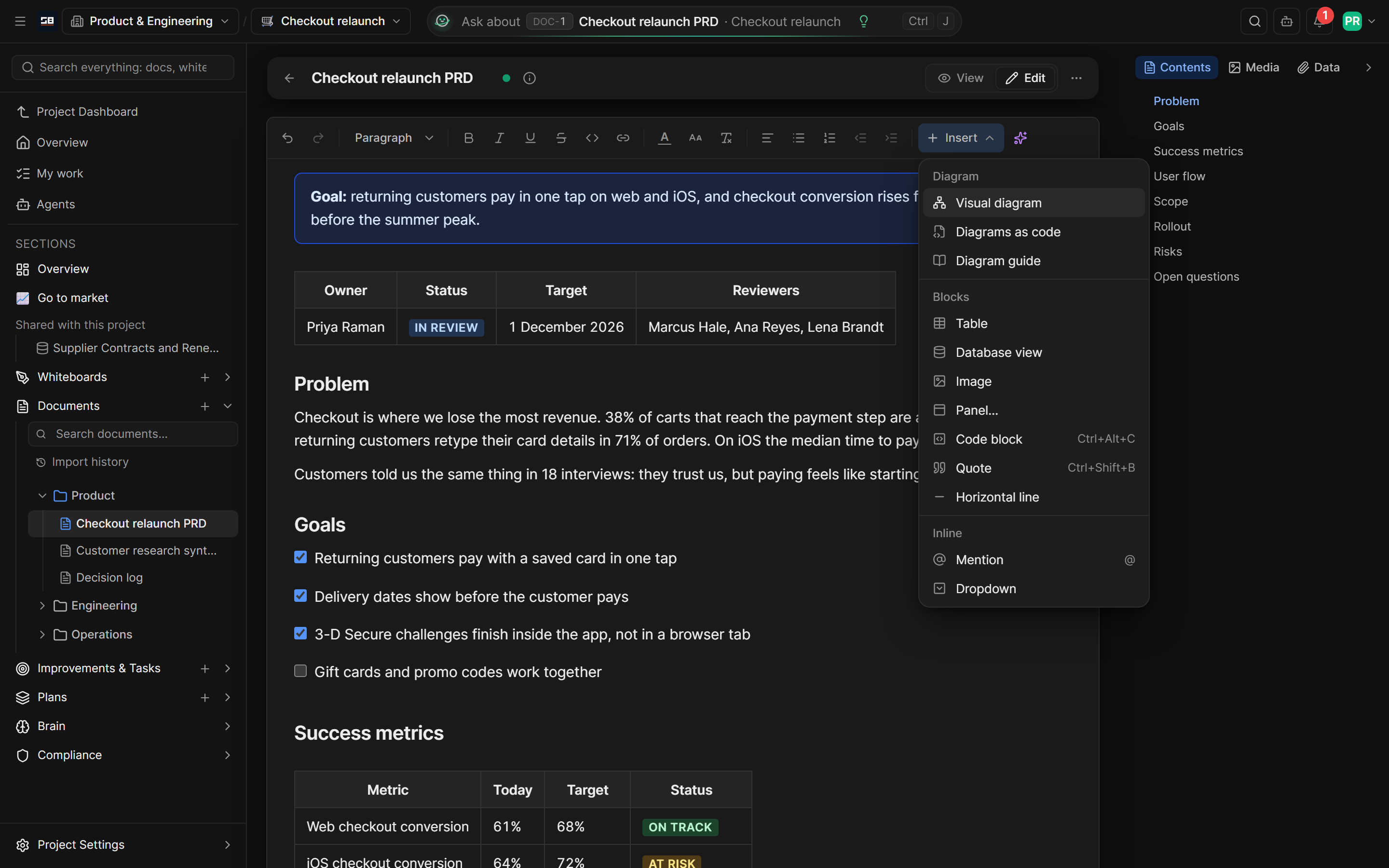 The Insert menu open in a document, listing diagrams, a table, a database view, an image, a panel, a code block, a quote, a line, a mention and a dropdown