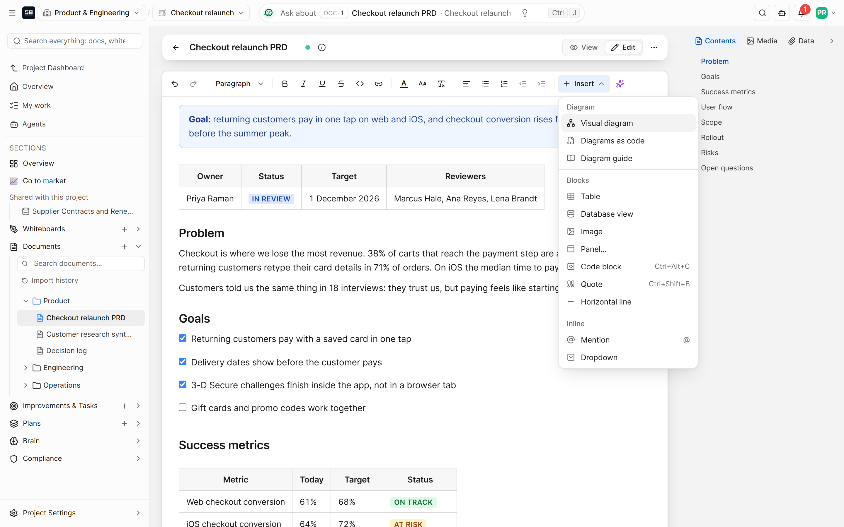 The Insert menu open in a document, listing diagrams, a table, a database view, an image, a panel, a code block, a quote, a line, a mention and a dropdown
