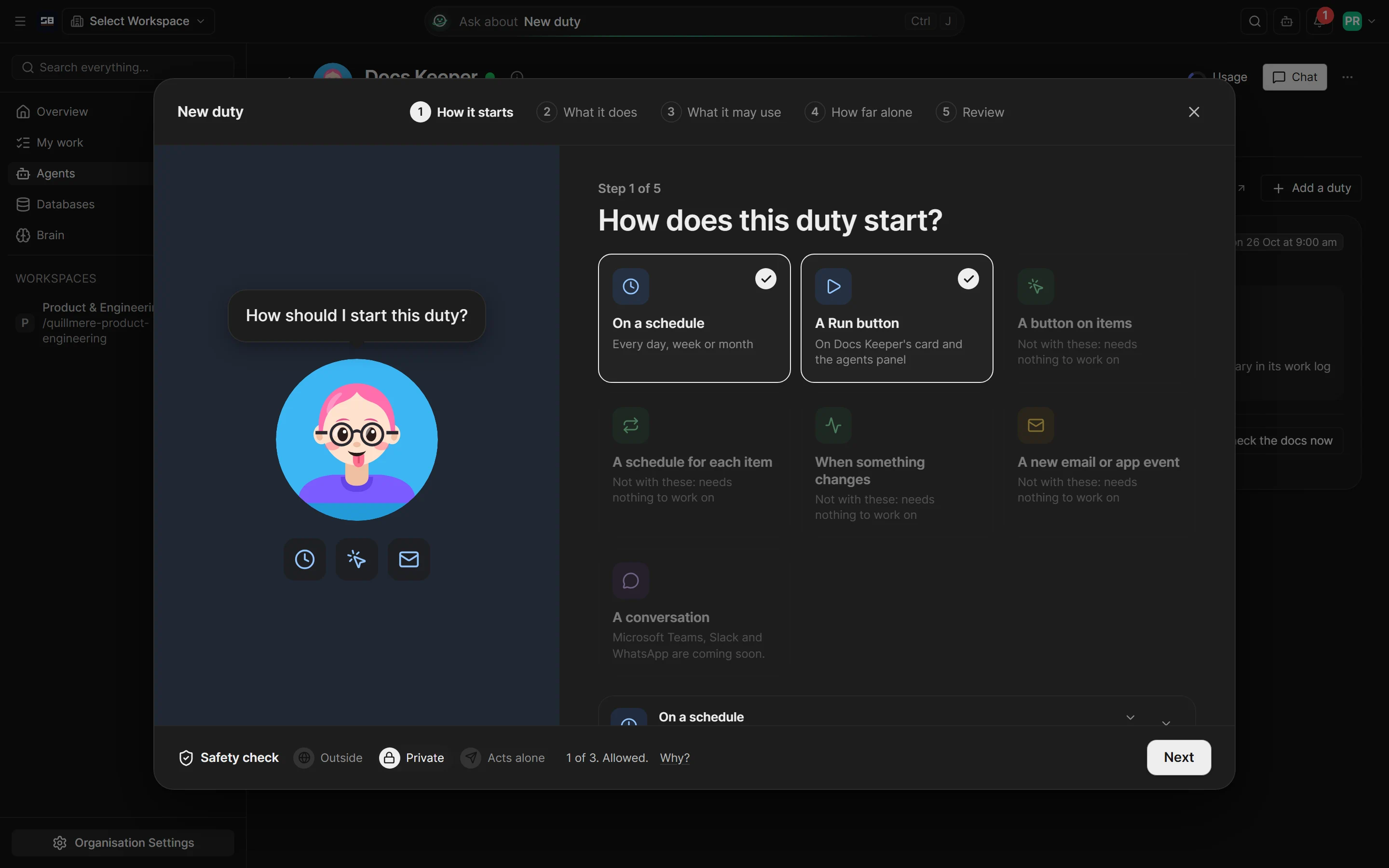 The new duty set-up for Docs Keeper on its first page, How it starts: On a schedule and A Run button chosen, the ways that cannot join them greyed with the reason, and the safety check in the footer