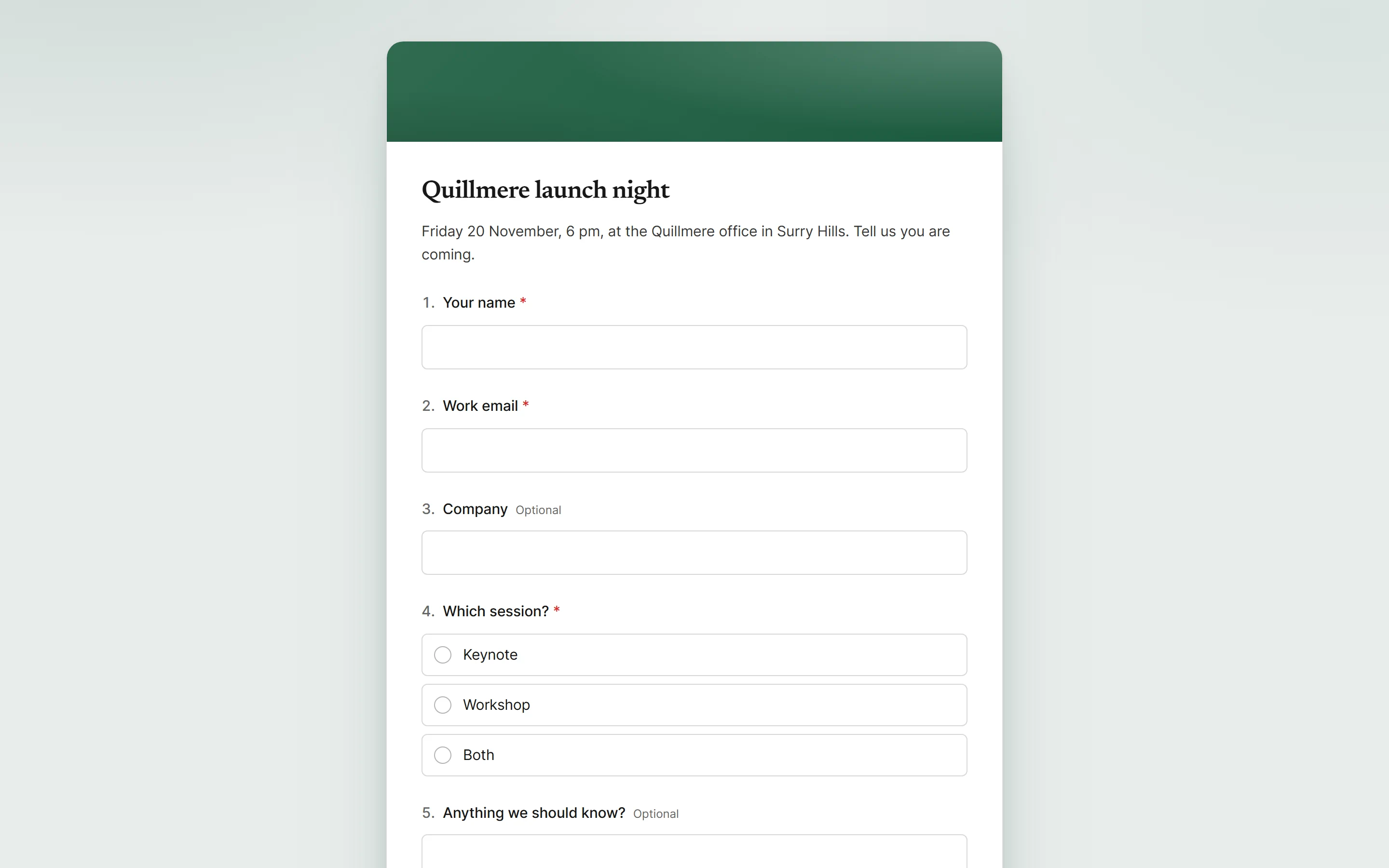 A public form page in Quillmere's brand, inviting people to the launch night, with fields for name, email, company and session