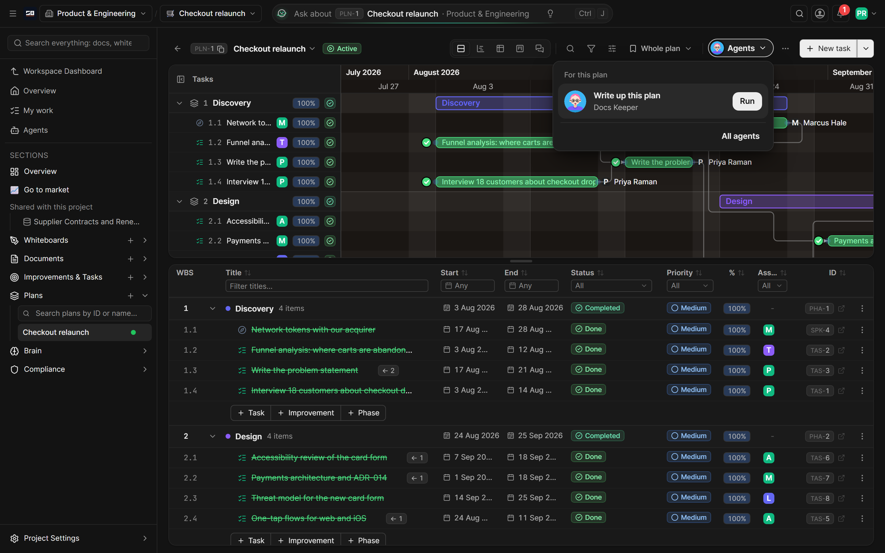 A plan's Agents menu open: Write up this plan, Docs Keeper's button for this plan, with a Run button
