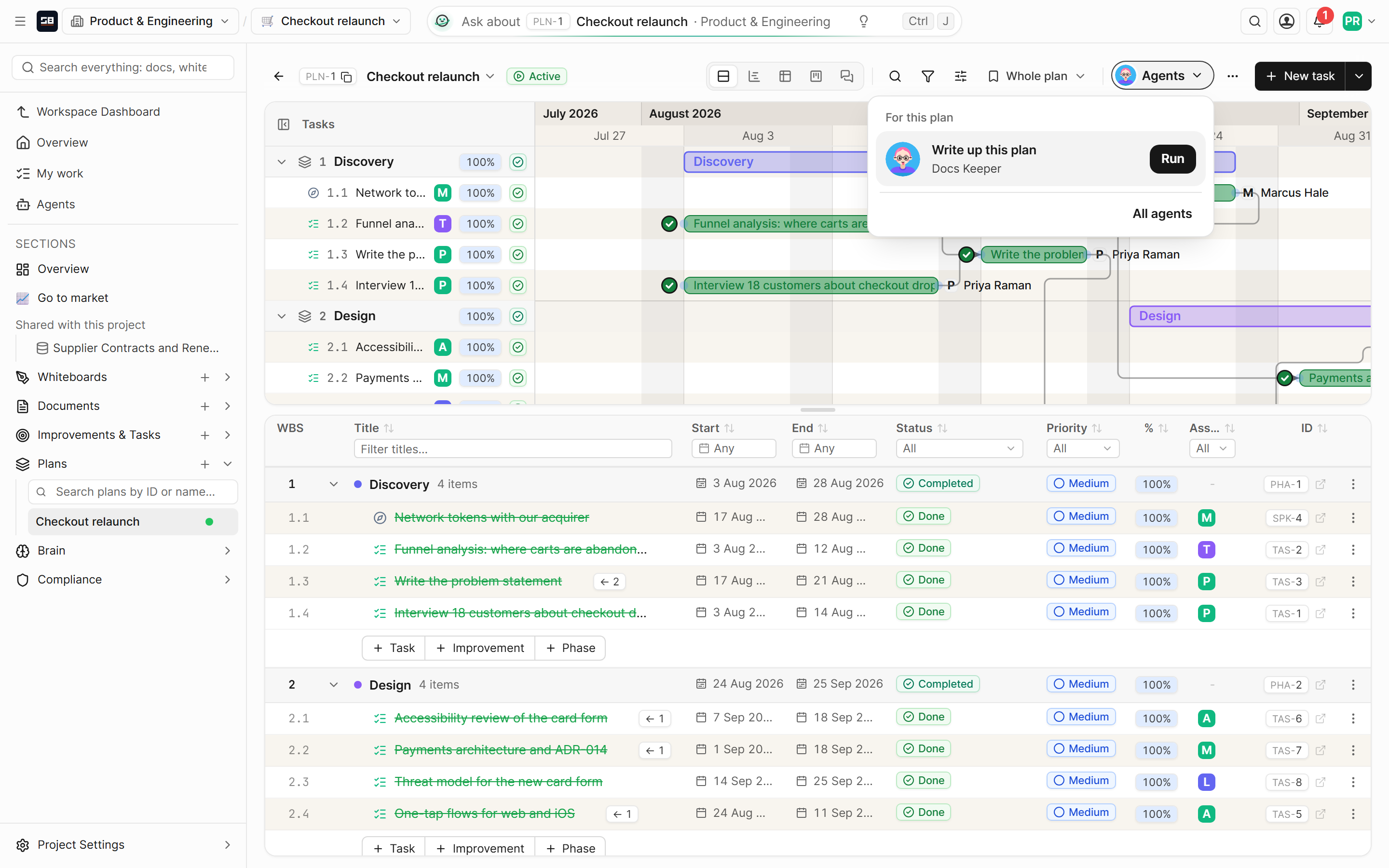 A plan's Agents menu open: Write up this plan, Docs Keeper's button for this plan, with a Run button