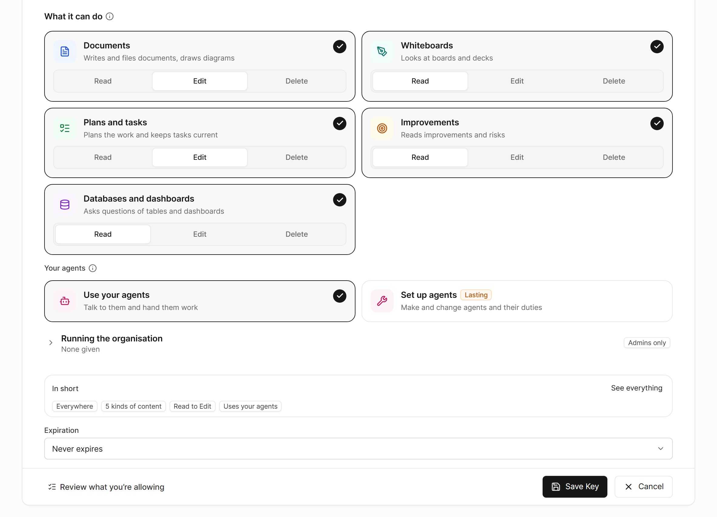 What a key can do: Documents, Whiteboards, Plans and tasks, Improvements, and Databases and dashboards as tiles, each with Read, Edit and Delete, then your agents, running the organisation, and In short, with Save Key at the foot