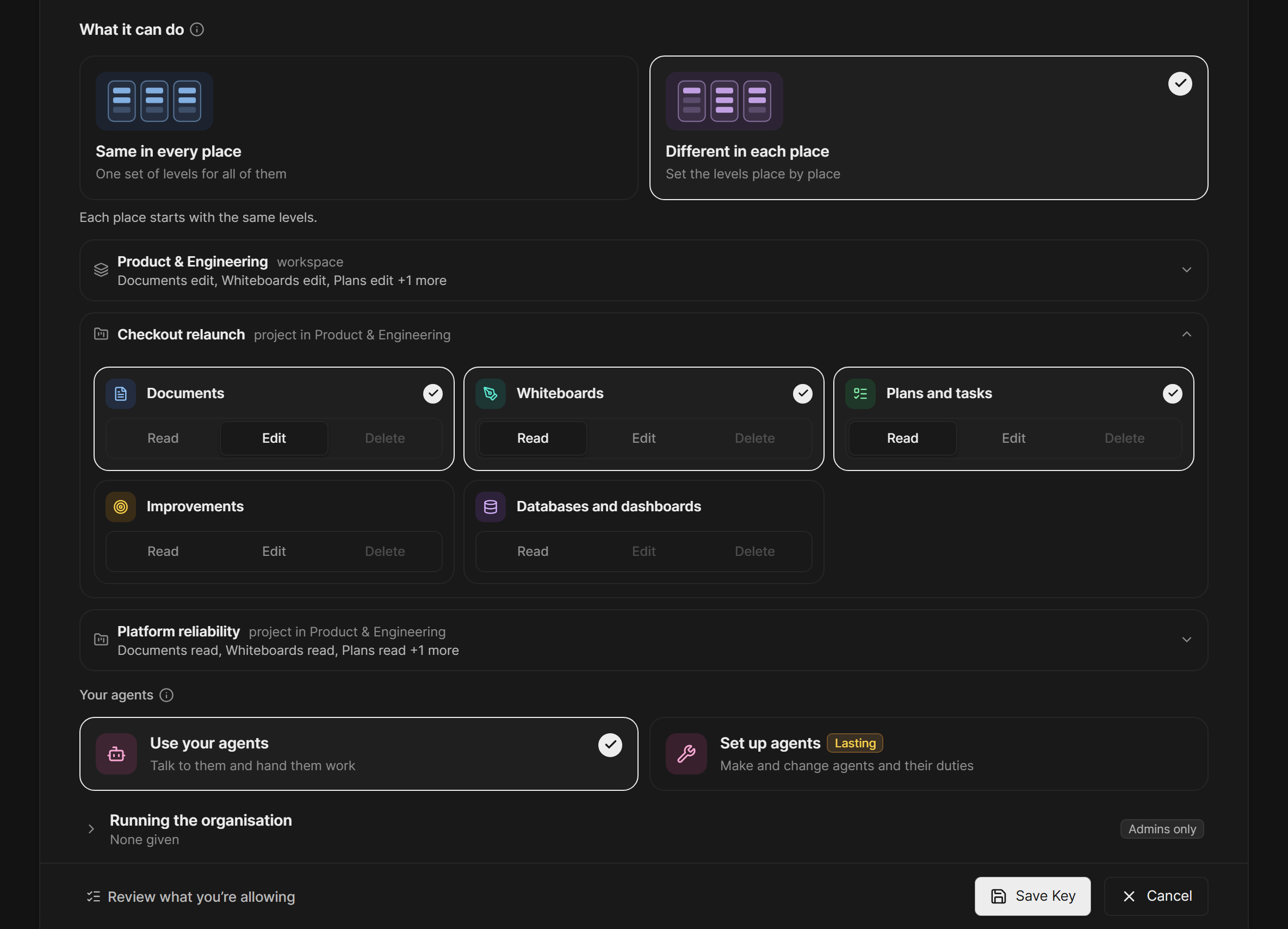 Different in each place: a workspace and two projects, each with a card of its own. The workspace and Platform reliability are folded to one line of their levels, and Checkout relaunch is open, with Documents at Edit and Whiteboards and Plans and tasks at Read