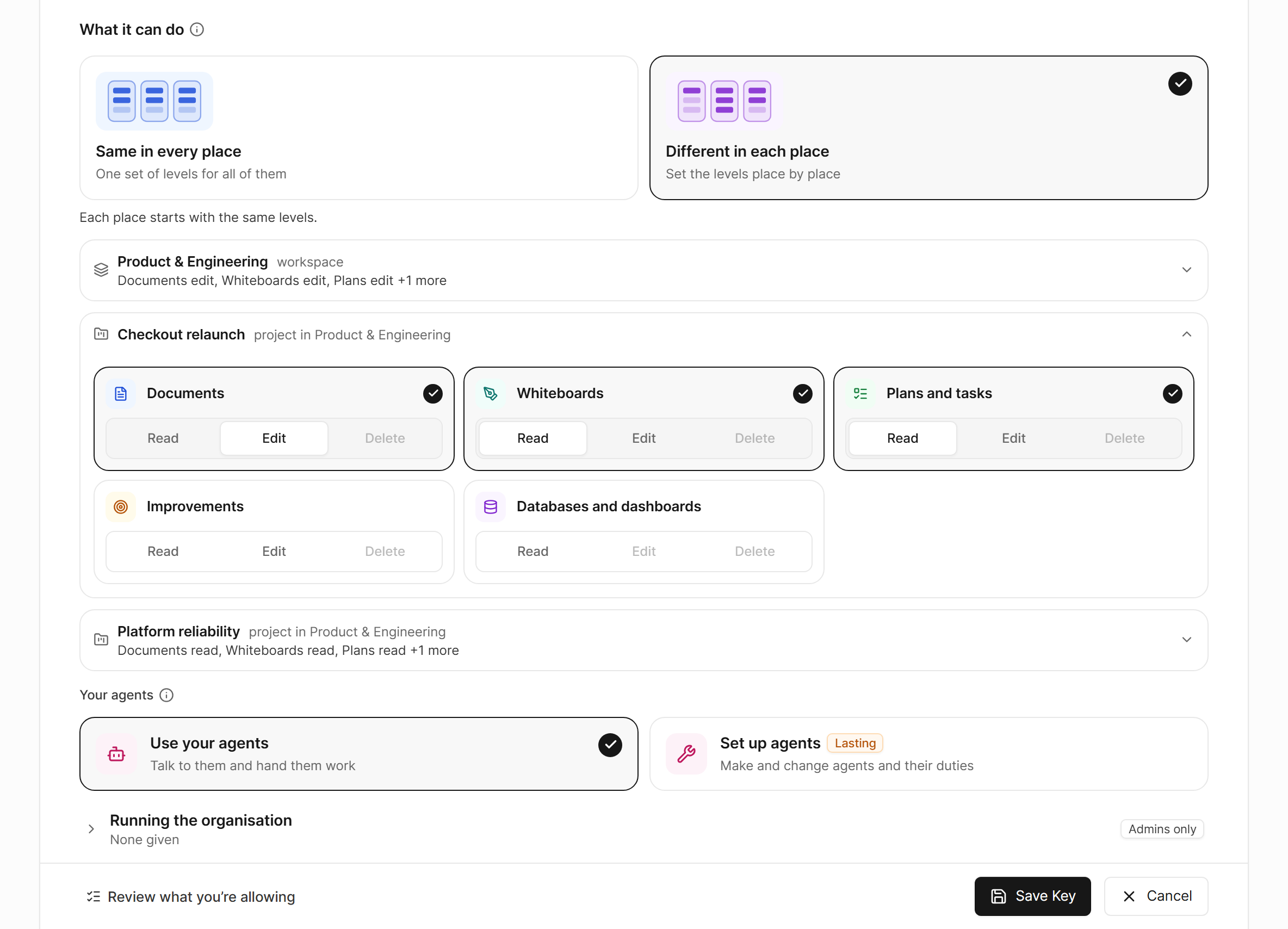 Different in each place: a workspace and two projects, each with a card of its own. The workspace and Platform reliability are folded to one line of their levels, and Checkout relaunch is open, with Documents at Edit and Whiteboards and Plans and tasks at Read