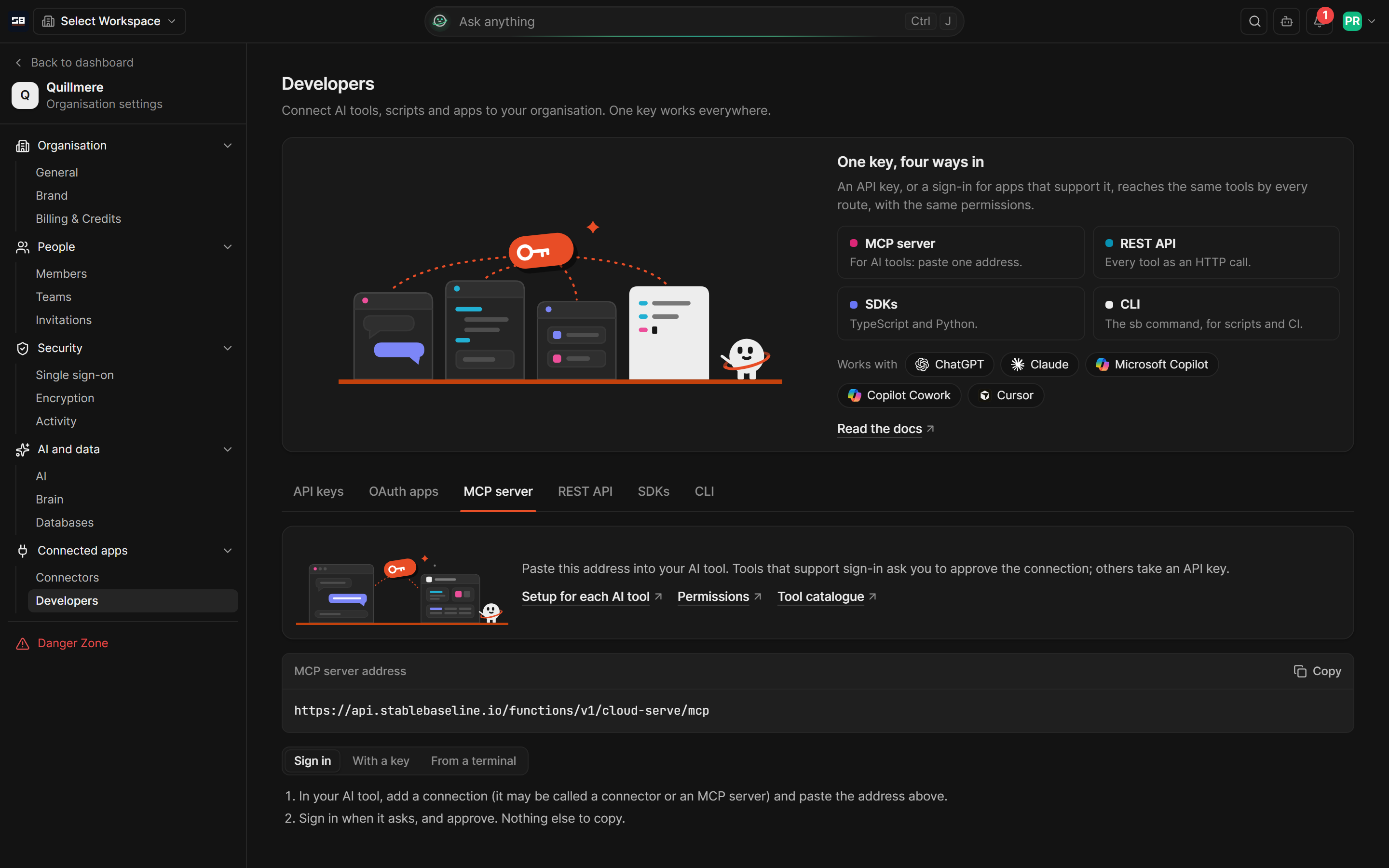 The MCP server tab of Developers in organisation settings, with the one address to paste into an AI tool and the steps to sign in