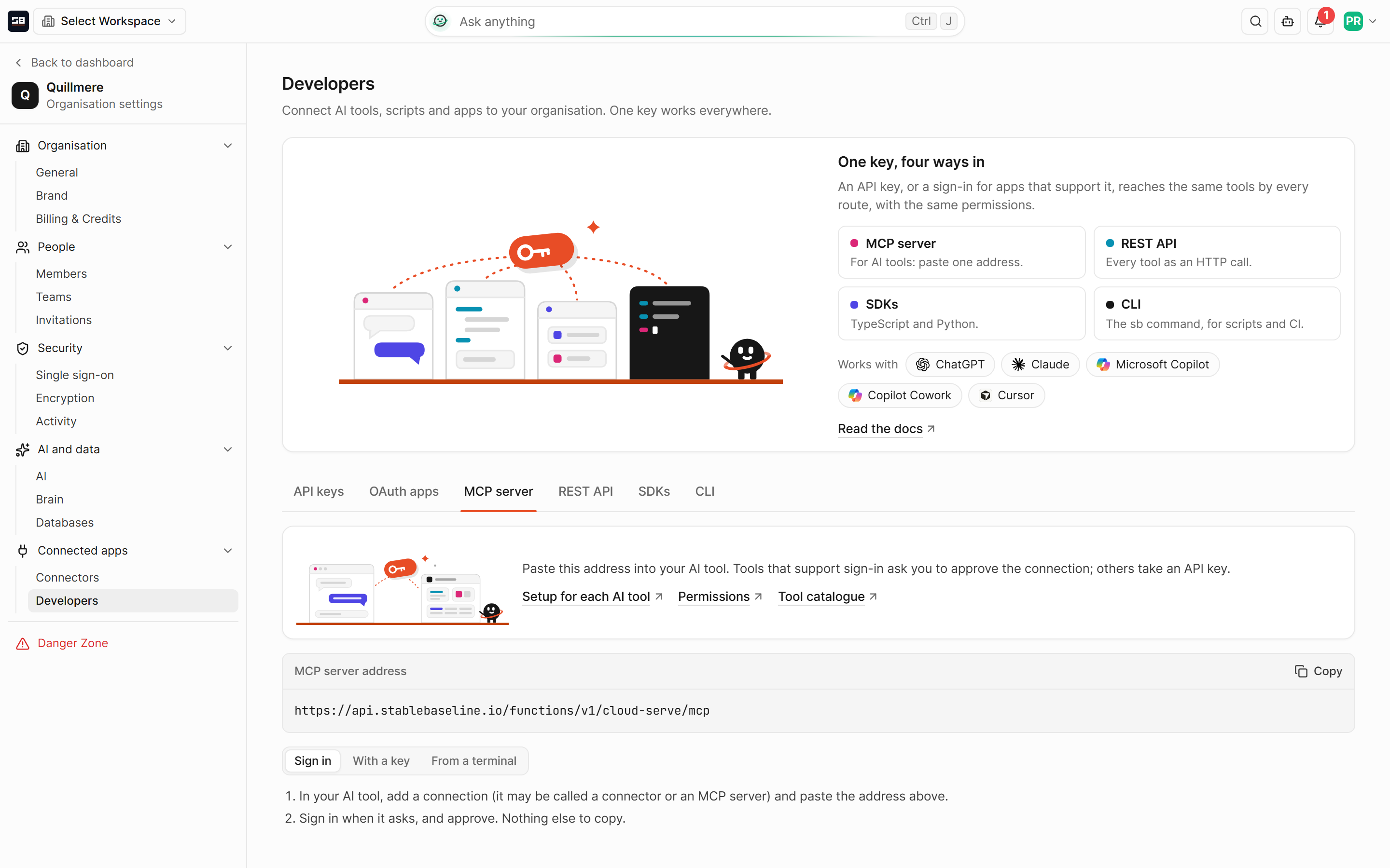 The MCP server tab of Developers in organisation settings, with the one address to paste into an AI tool and the steps to sign in