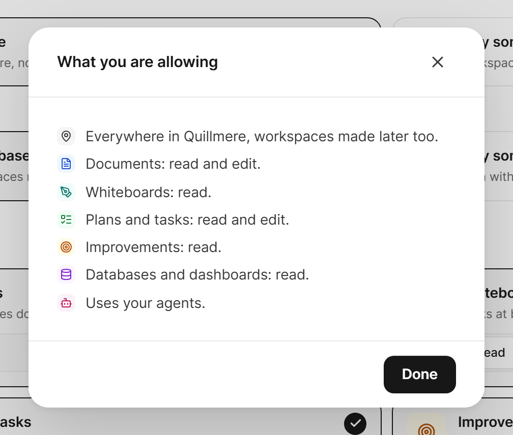 The What you are allowing window: everywhere in the organisation, Documents read and edit, Whiteboards read, Plans and tasks read and edit, Improvements read, Databases and dashboards read, and uses your agents