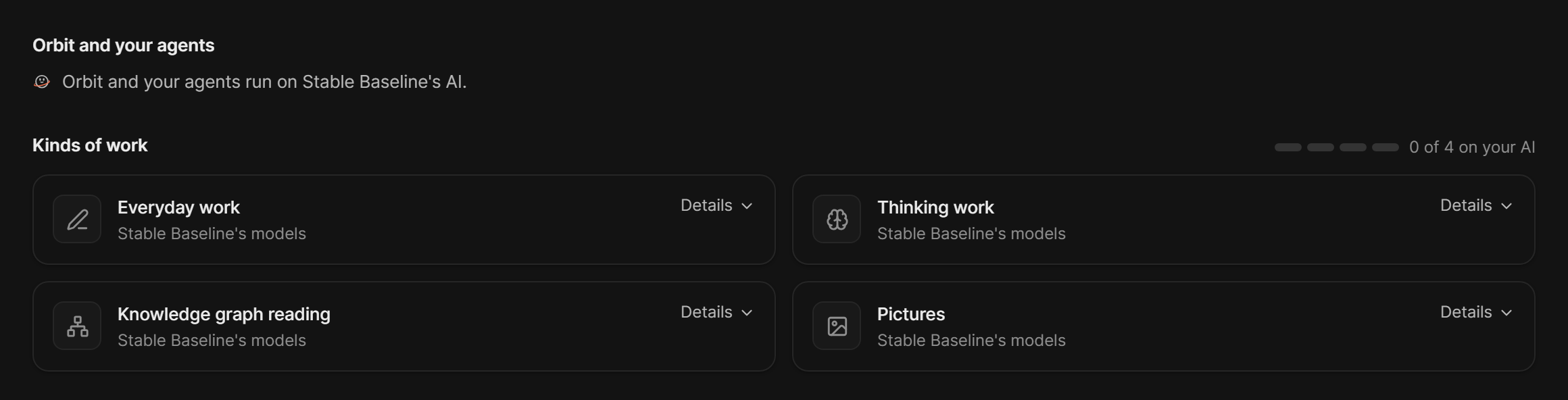 The kinds of work section, listing everyday work, thinking work, knowledge graph reading and pictures, each with the AI it runs on