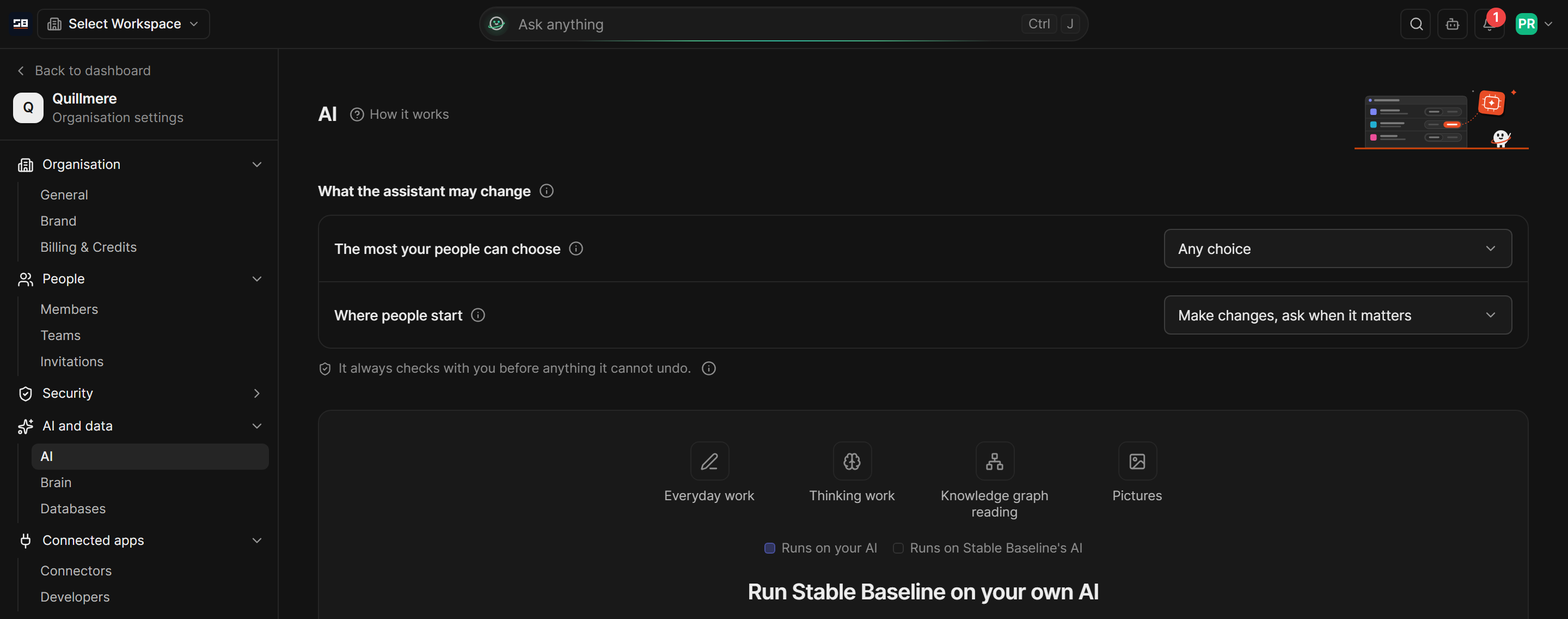 The AI page of organisation settings, with what the assistant may change and the card to run Stable Baseline on your own AI