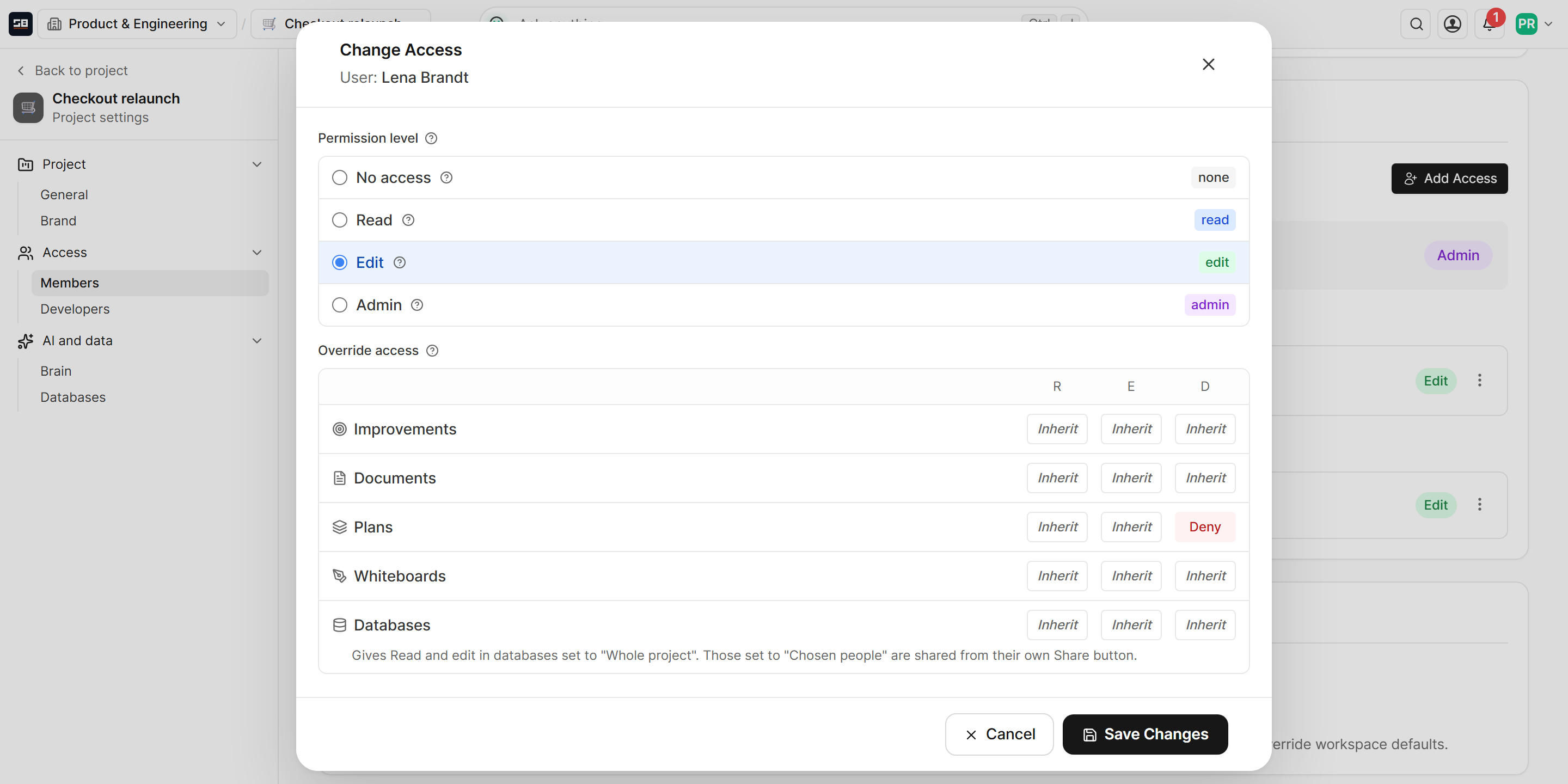 Changing one person's access to the Checkout relaunch project: the permission level, the overrides for improvements, documents, plans and whiteboards, and the Databases row with its own read, edit and delete