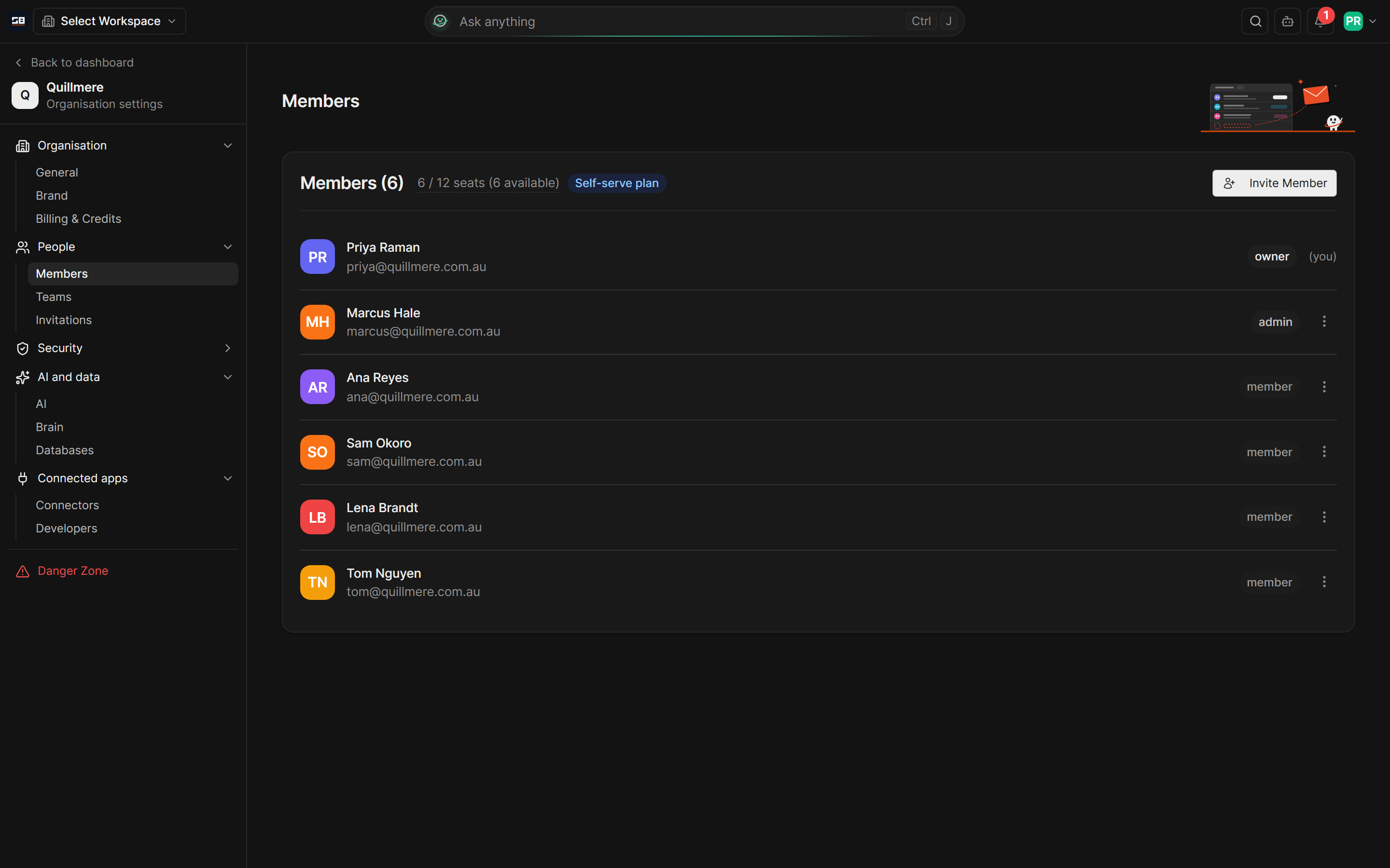 The Members page of organisation settings, listing people with their roles and the seats in use
